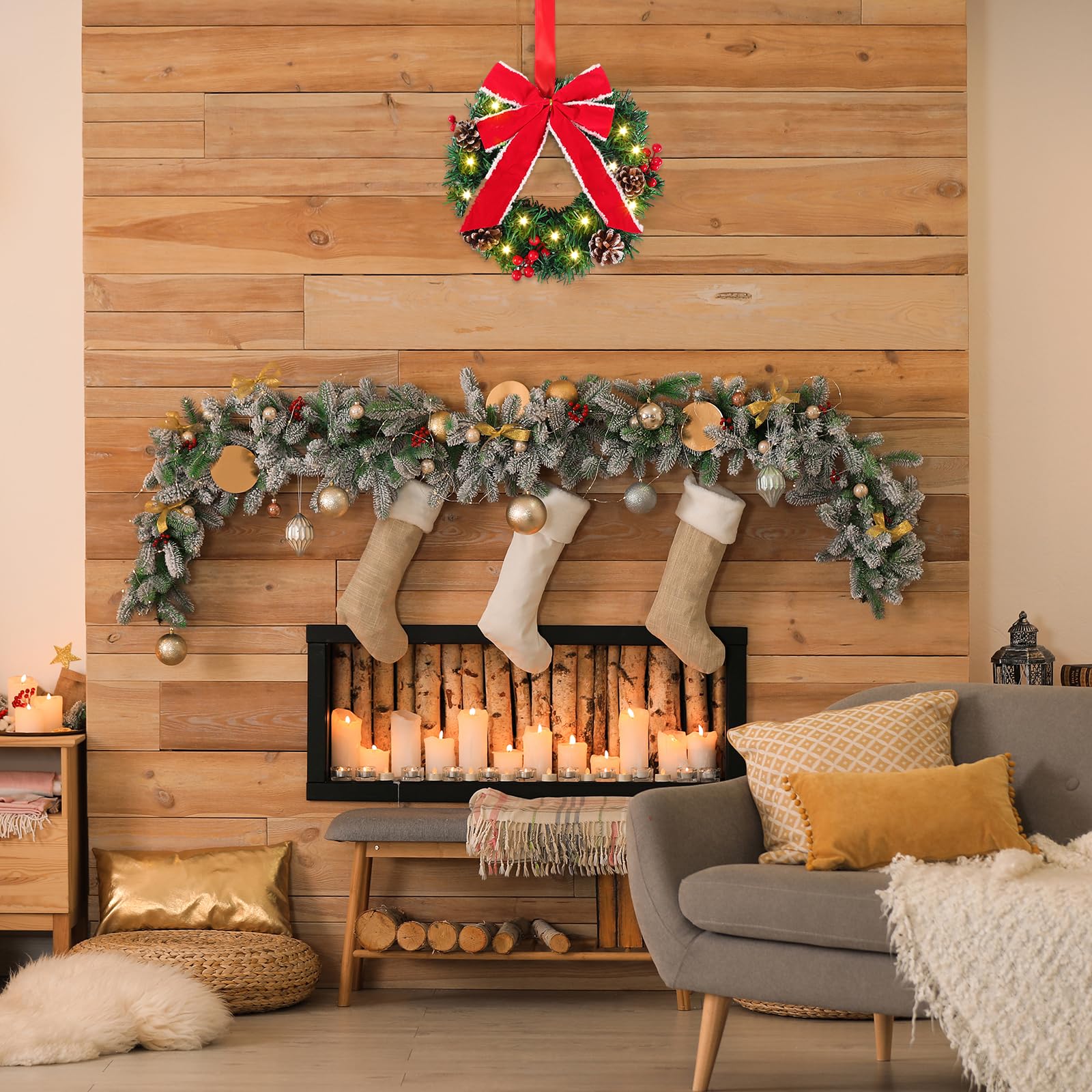 CEWOR Set of 3 15in Christmas Wreaths Lighted Artificial Christmas Wreath with Large Red Bow & Ornaments Battery Operated with LED Lights for Front Door Gate Wall Christmas Party Decorations