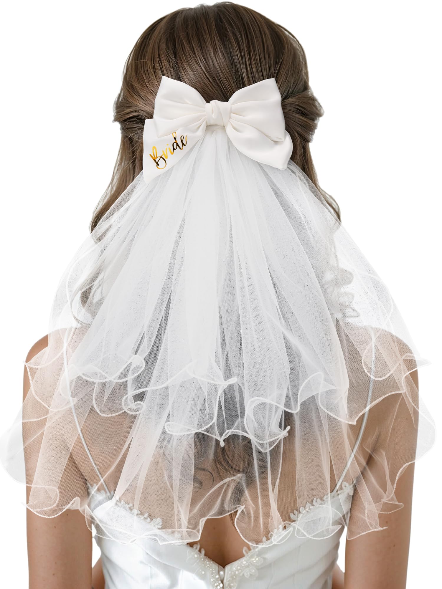 SWEETV Bridal Hair Bow Veil White Bow Clip Bachelorette Party Decorations Pearl Accessories Bride to Be Bridal Shower Gift