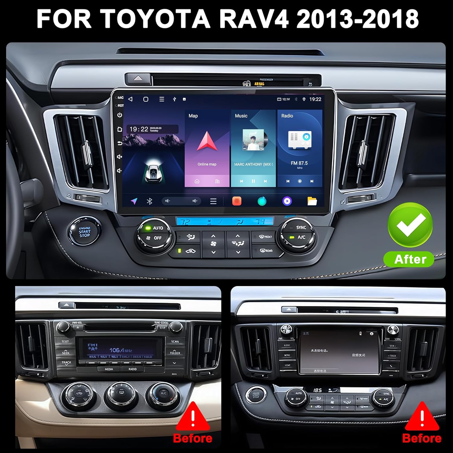 Android 15 Car Radio for Toyota RAV4 2013-2018: 10.2'' 6GB+128GB Car Stereo Upgrade Wireless CarPlay & Android Auto with WiFi 6, Bluetooth, GPS, FM/RDS, EQ, SWC, 1080P Backup Camera