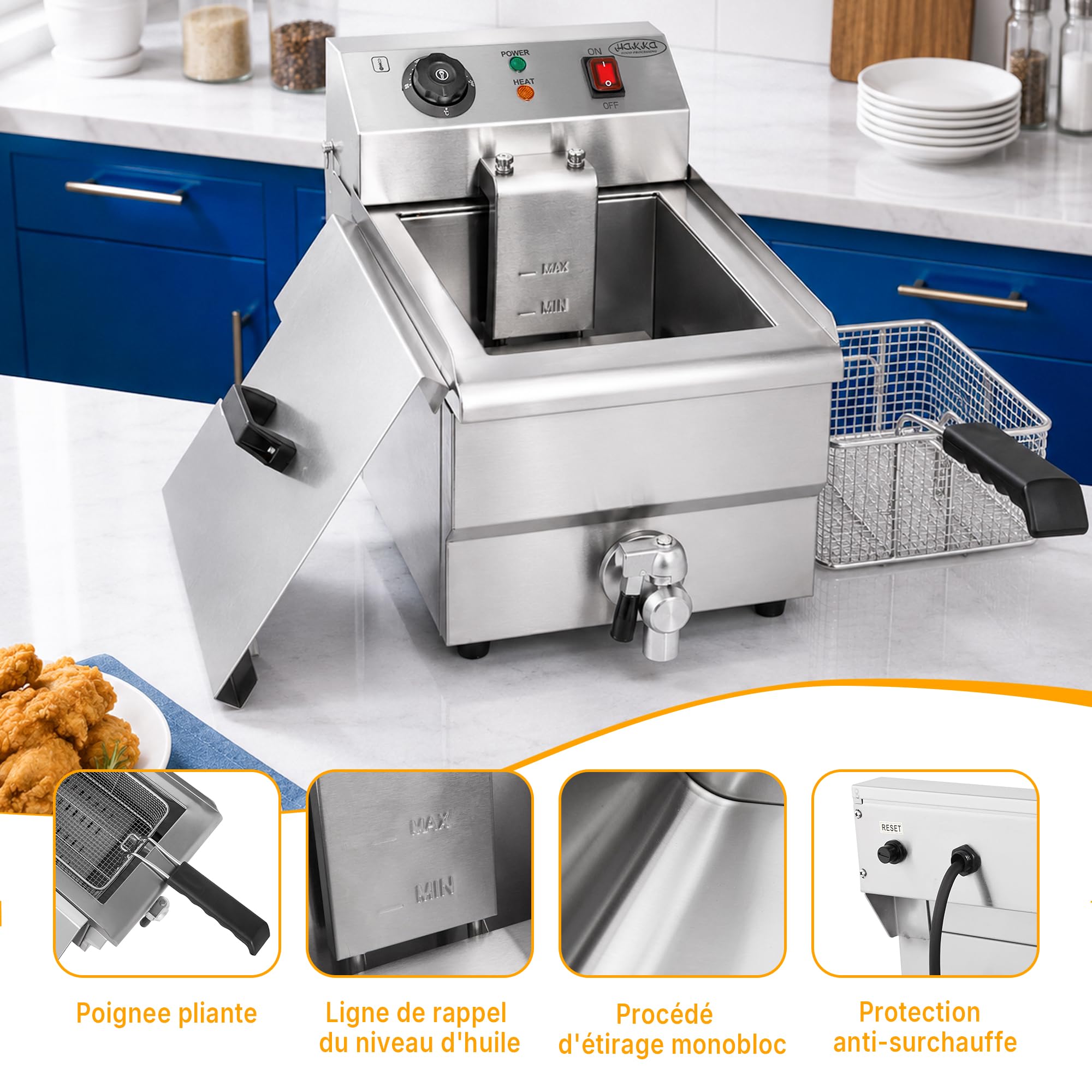 Hakka Friteuses électriques Professionnelles, Grande Capacité 10 L, en Acier Iinoxydable, Avec égouttoir, Panier et Couvercle, Cuve Simple(220V, 3000W)