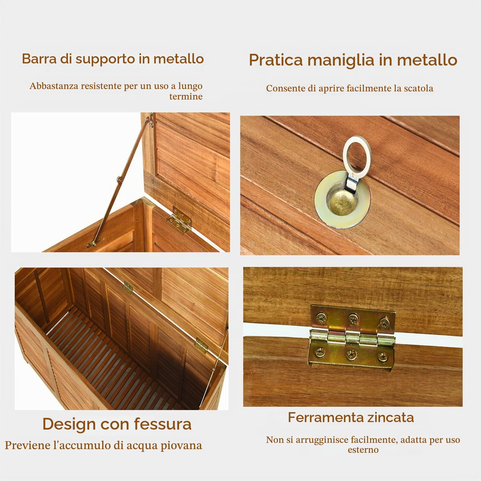 KOMFOTTEU Cassapanca da Giardino con Coperchio Antipolvere e Maniglia | Baula Contenitore in Legno di Acacia da Esterno e da Interno, 178L, 120 x 45 x 45 cm