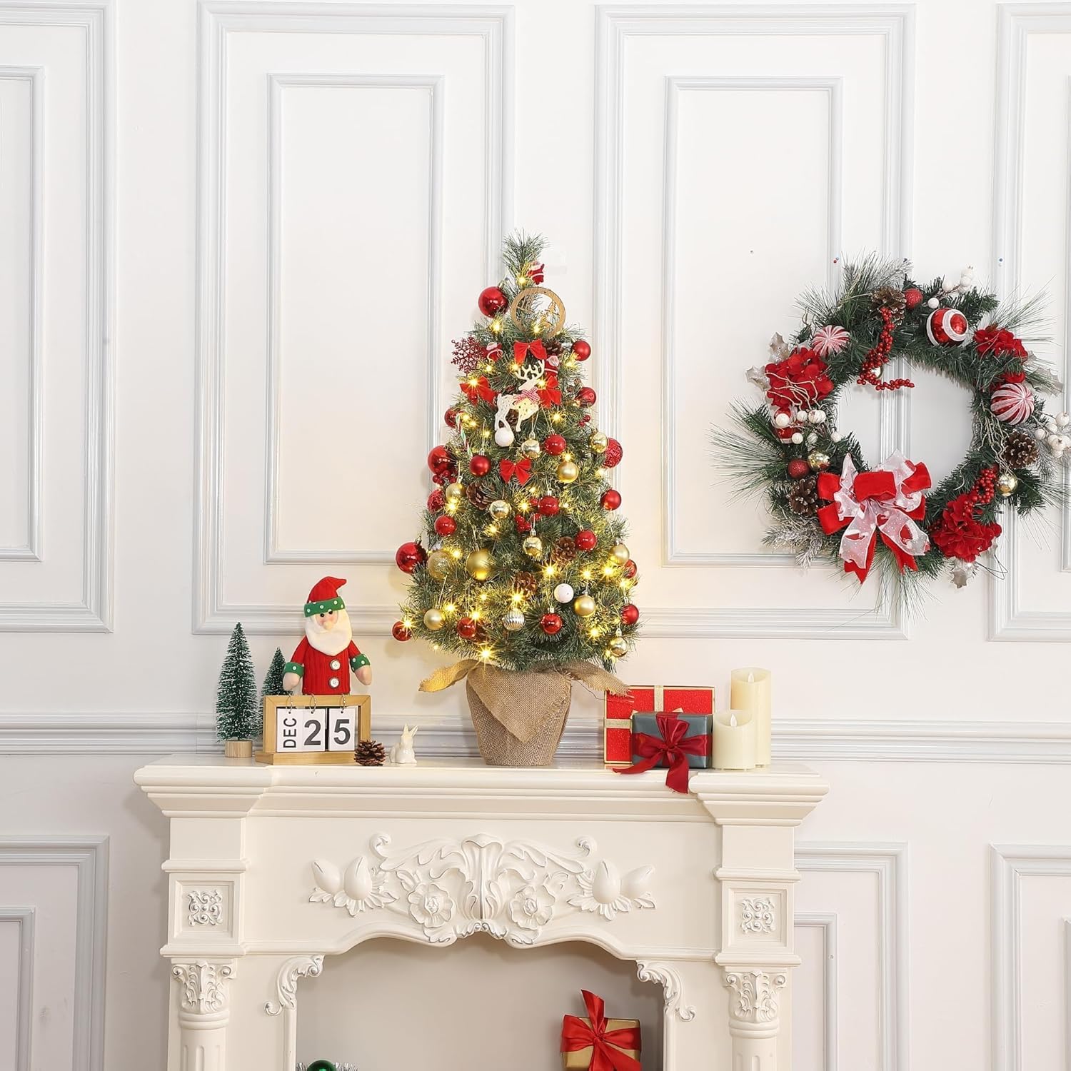 3 FT Tabletop Artificial Christmas Tree with Lights - Decorative Holiday Outdoor Potted Christmas Tree with Pine Cones and Red Berries,70 LED Lights,Hemp Bonsai Base,Battery Powered