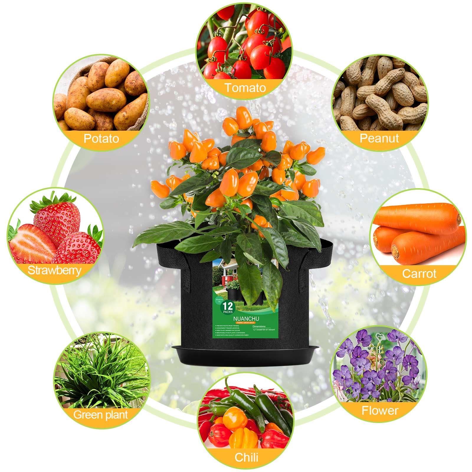 Funnymoom 12 juegos de bolsas de cultivo de 5 galones con platillos para plantas, macetas de tela duradera con asas, bolsas de drenaje de aireación para maceta, bolsas de jardín reutilizables, juego