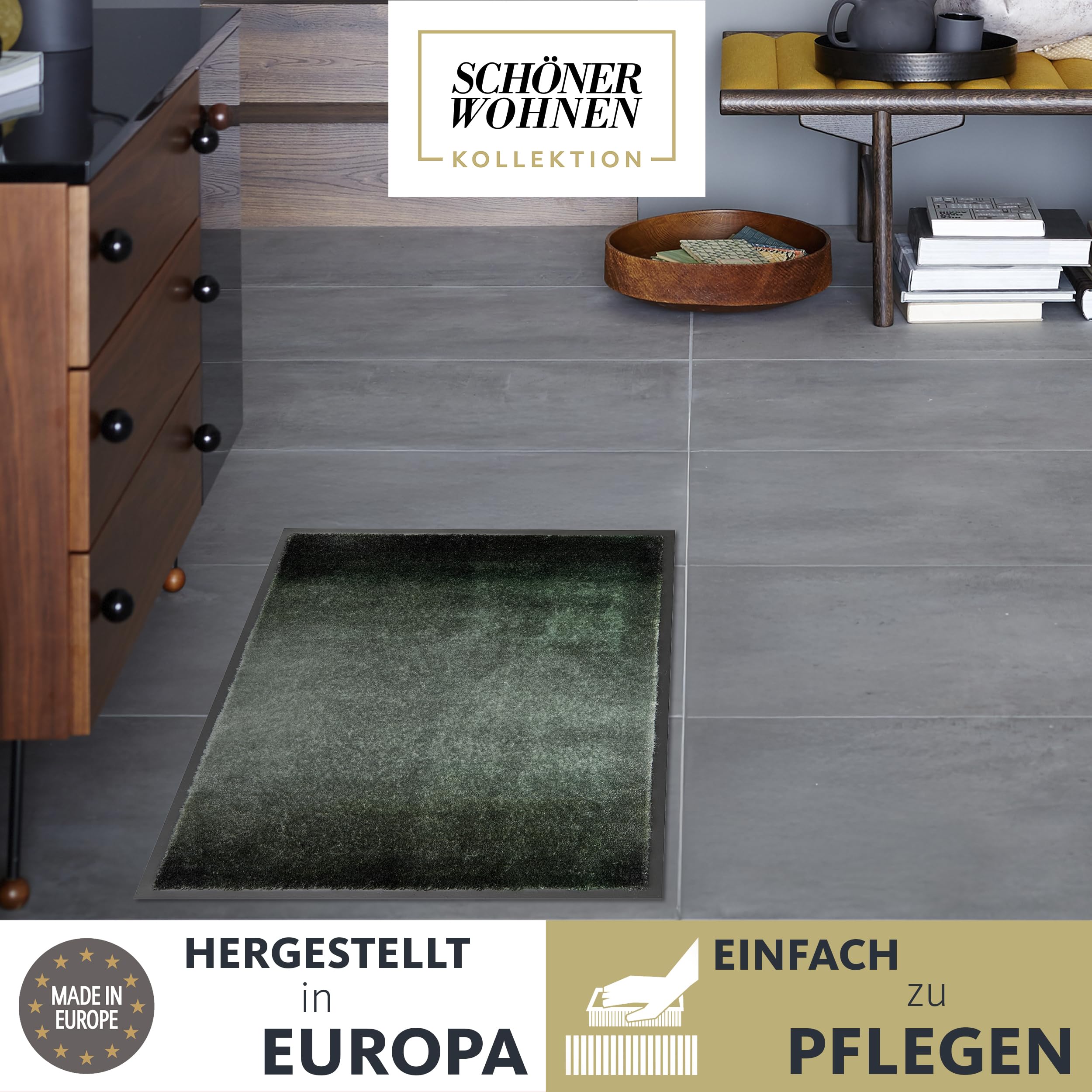 Schöner Wohnen Kollektion Wycieraczka wewnętrzna – wycieraczka zatrzymująca brud 50 x 70 cm przebieg w kolorze zielonej leśnej – antypoślizgowa mata do czyszczenia drzwi wejściowych – wycieraczka