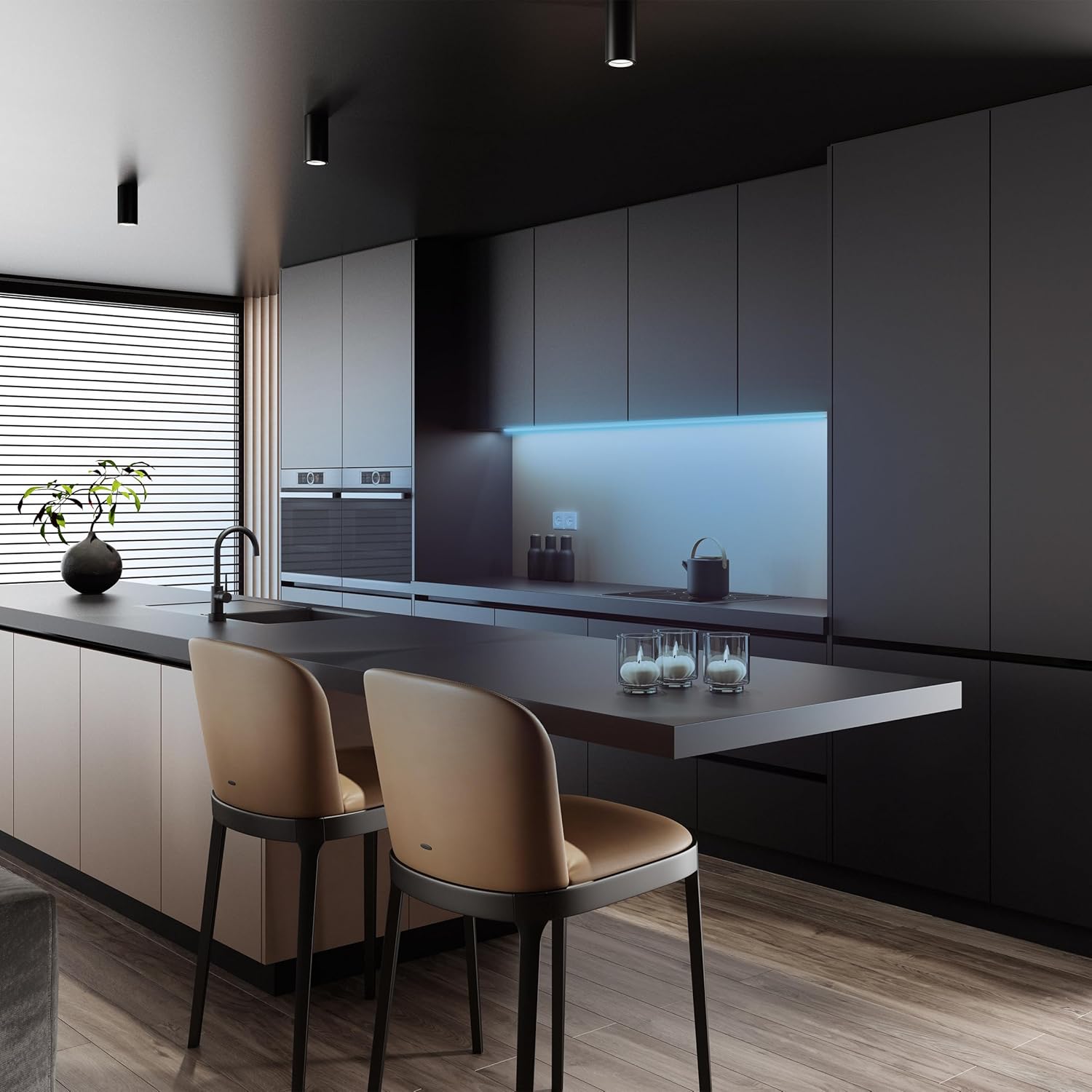 An image showing the Feit Electric LED tape light installed under kitchen cabinets, emitting a soft blue light, demonstrating an indoor application.