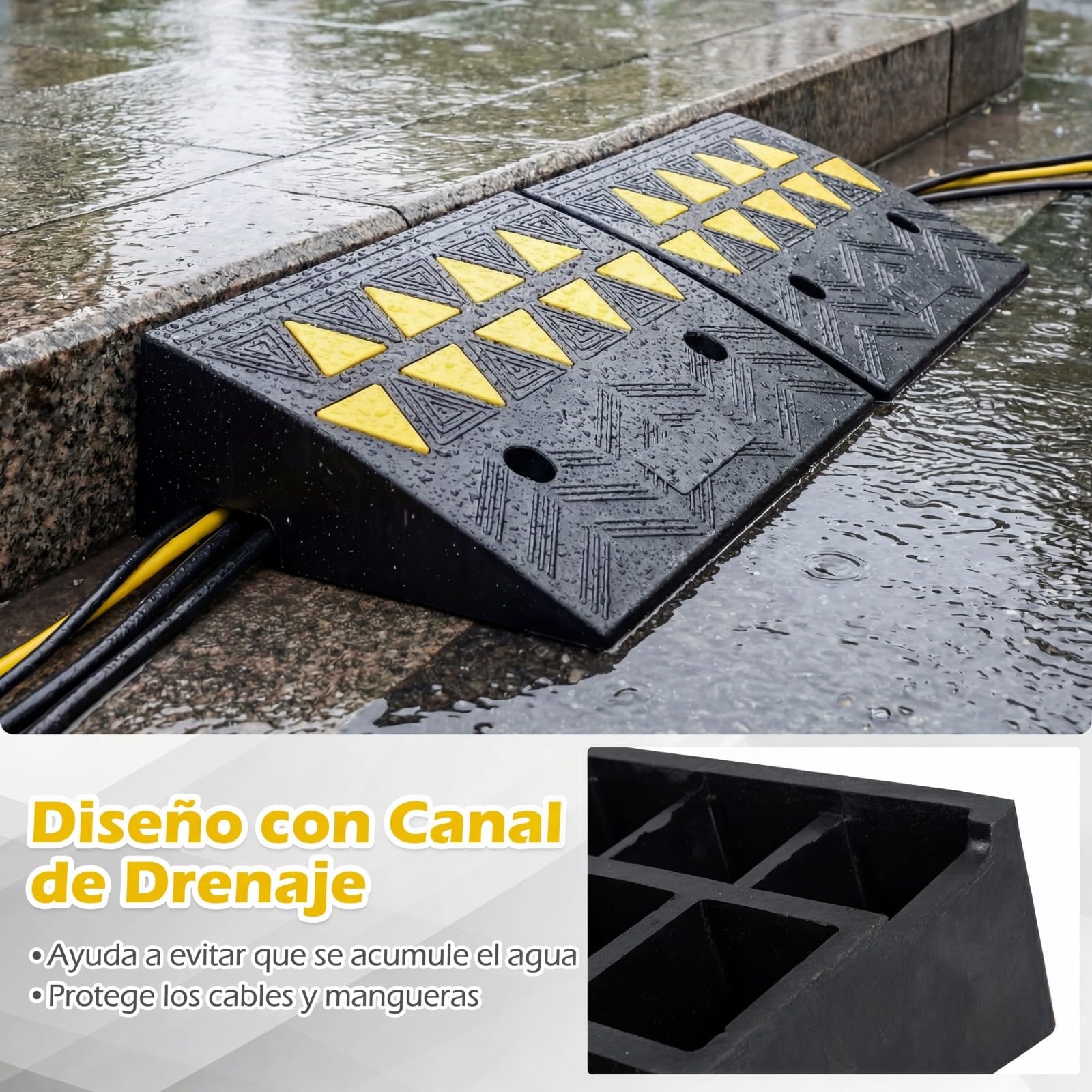 COSTWAY Juego de 2 Rampas para Coche, Rampas de Goma para Silla de Reudas con Marcas Amarillas Luminosas, Bordillos Antideslizantes para Calzadas, Aceras, Motos, Carga de 15 T (48 x 33 x 13 cm)