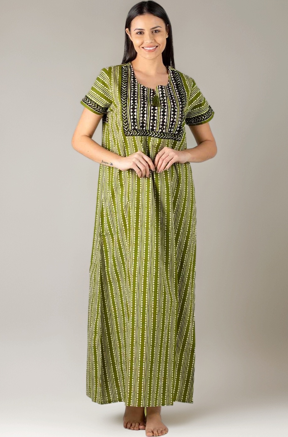 Evolove Cotton Nighty Maxi for Women with Side Pocket | Printed Short Sleeves Full Length Night Wear Gown