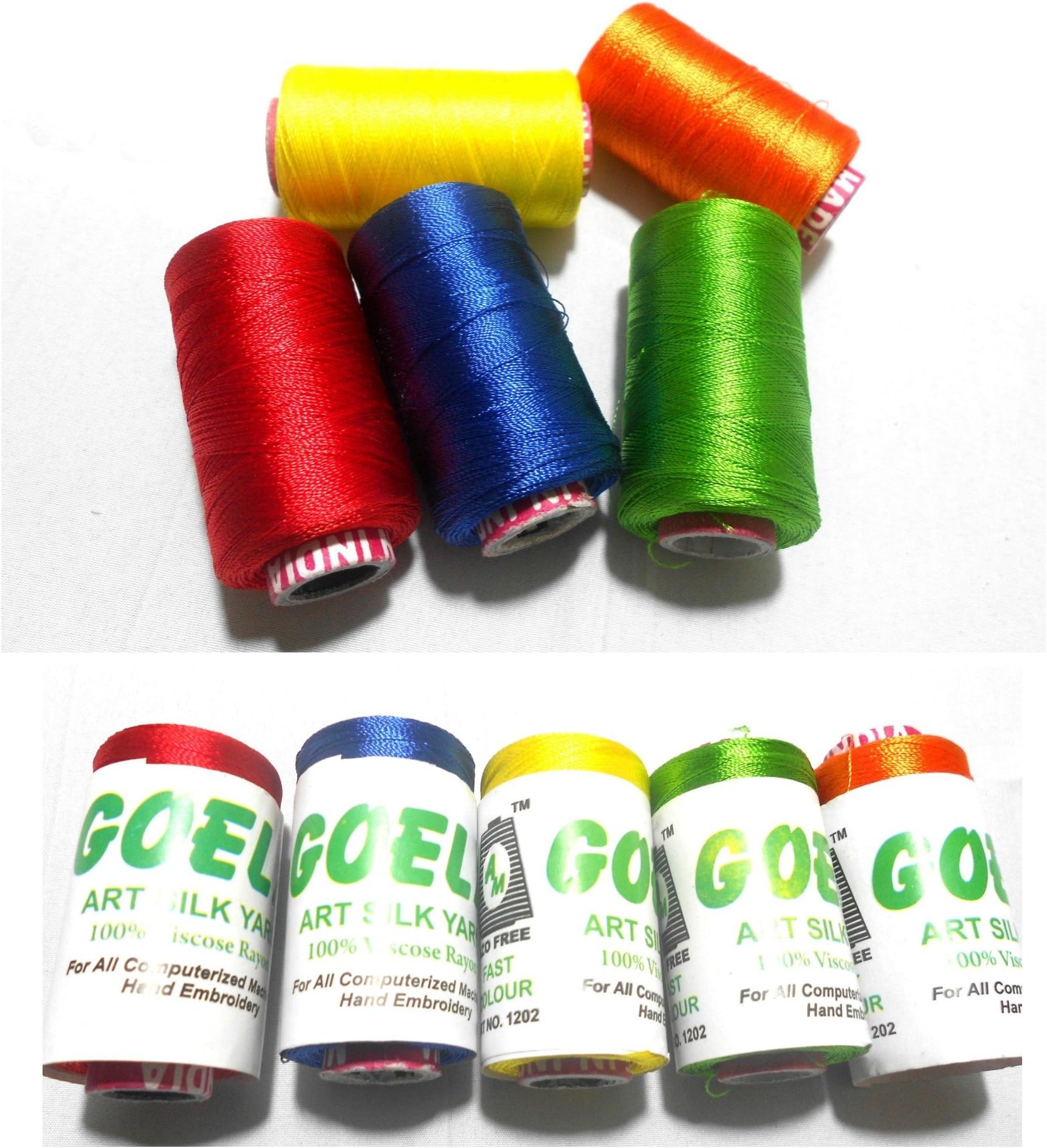 Goelx Shiny Silk Thread Bright Colors- Red, Yellow, Blue, Orange, Green Combo