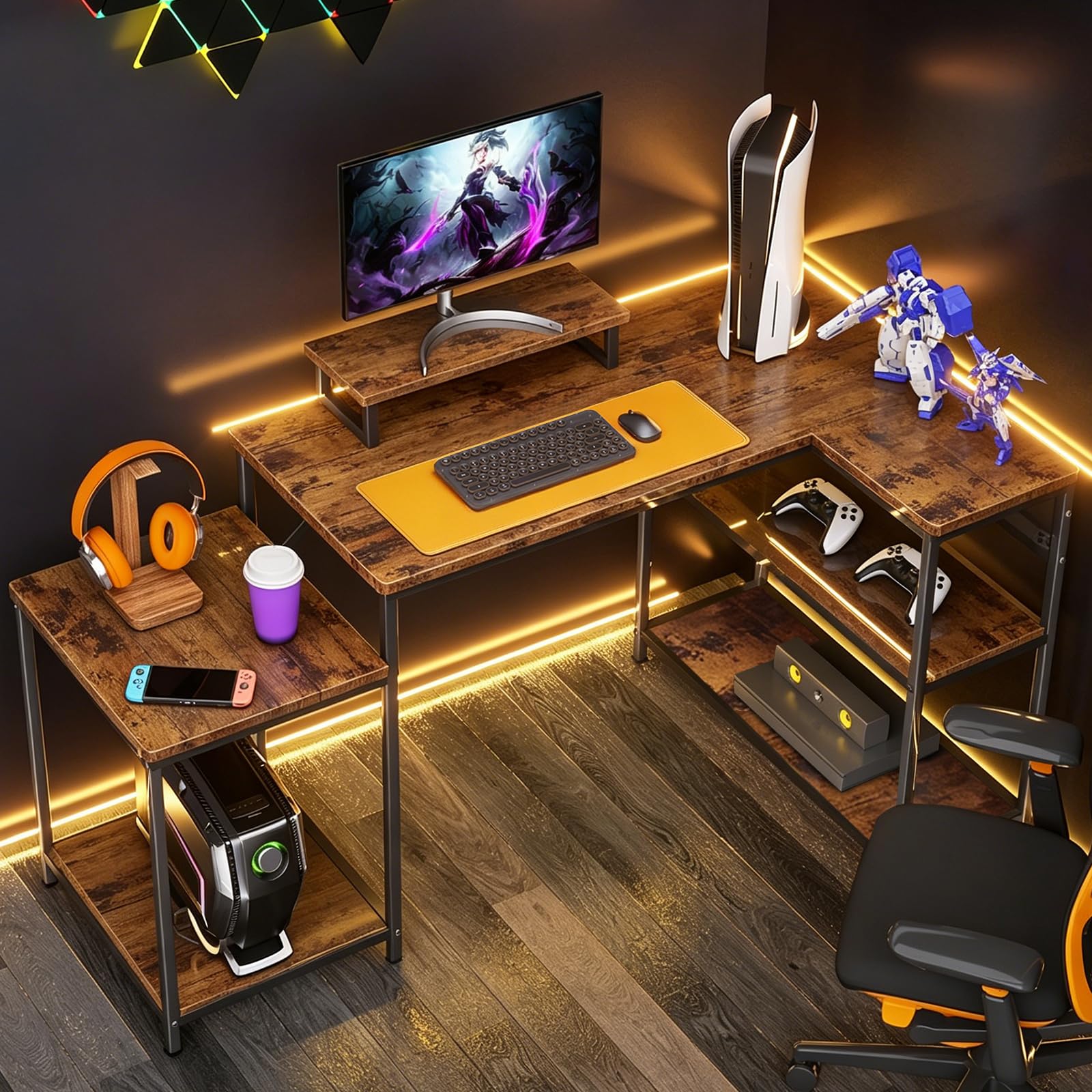 Scrivania ad Angolo Reversibile 152x80cm, Scrivania Ufficio a L con Scaffali Aperti Supporto Monitor, Regolabile in Altezza Scrivania Gaming per Computer, Ufficio, Studio, Marrone