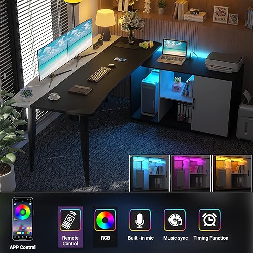 Miniatura 4 de Escritorio en forma de L con archivador y toma de corriente, escritorios de esquina grandes de 55 pulgadas con tira de luz LED, escritorio para