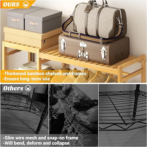 Vista 6 de Homykic Perchero de Bambú para Colgar Ropa, Perchero Resistente con Estantes Ajustables de 7 Niveles, Varillas Dobles, 4 Ganchos, Sistema de Armario