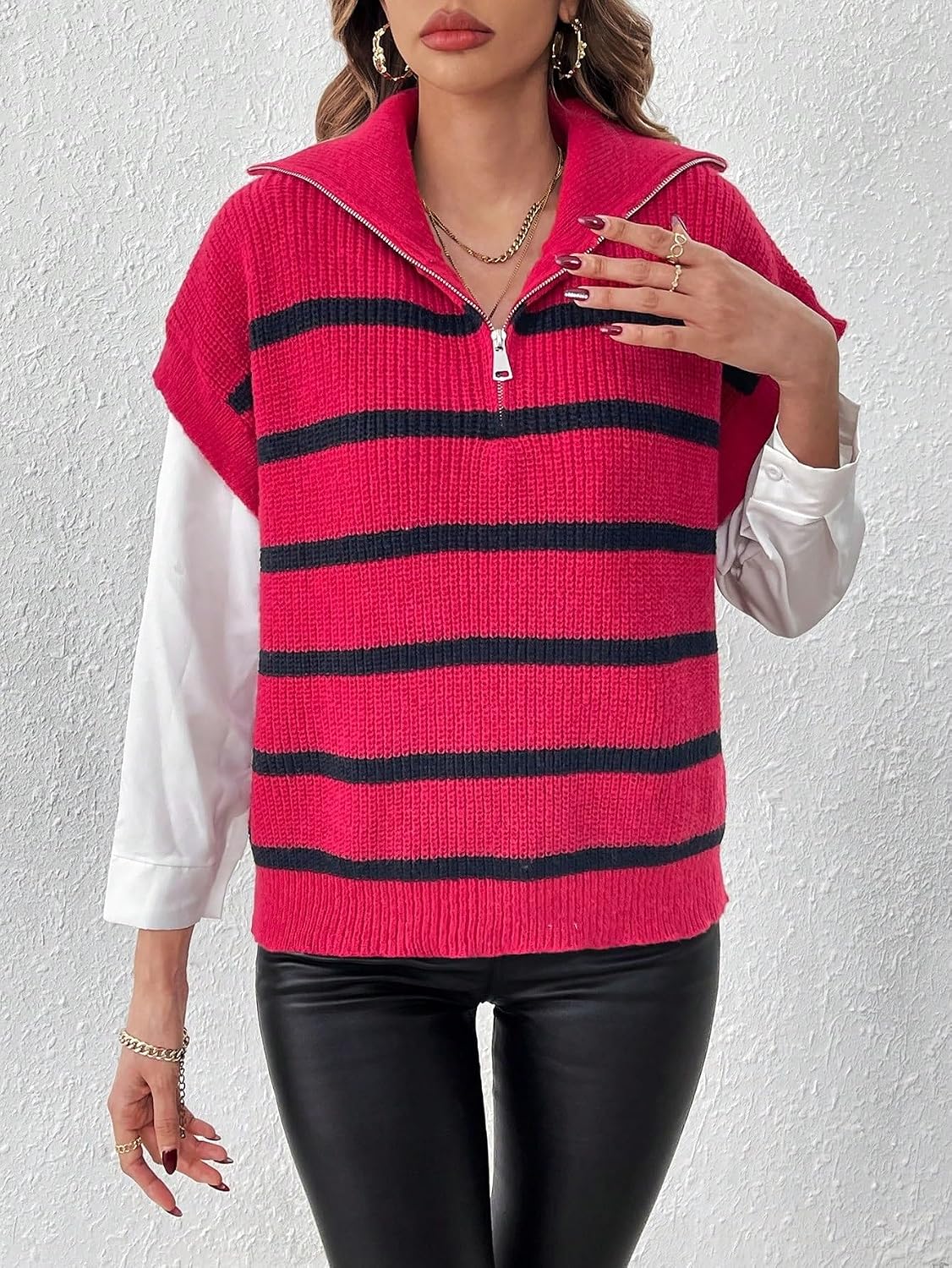 Women Fall Trendy Striped Zipper Sleeveless Sweater Vest Sweater Vest Top
