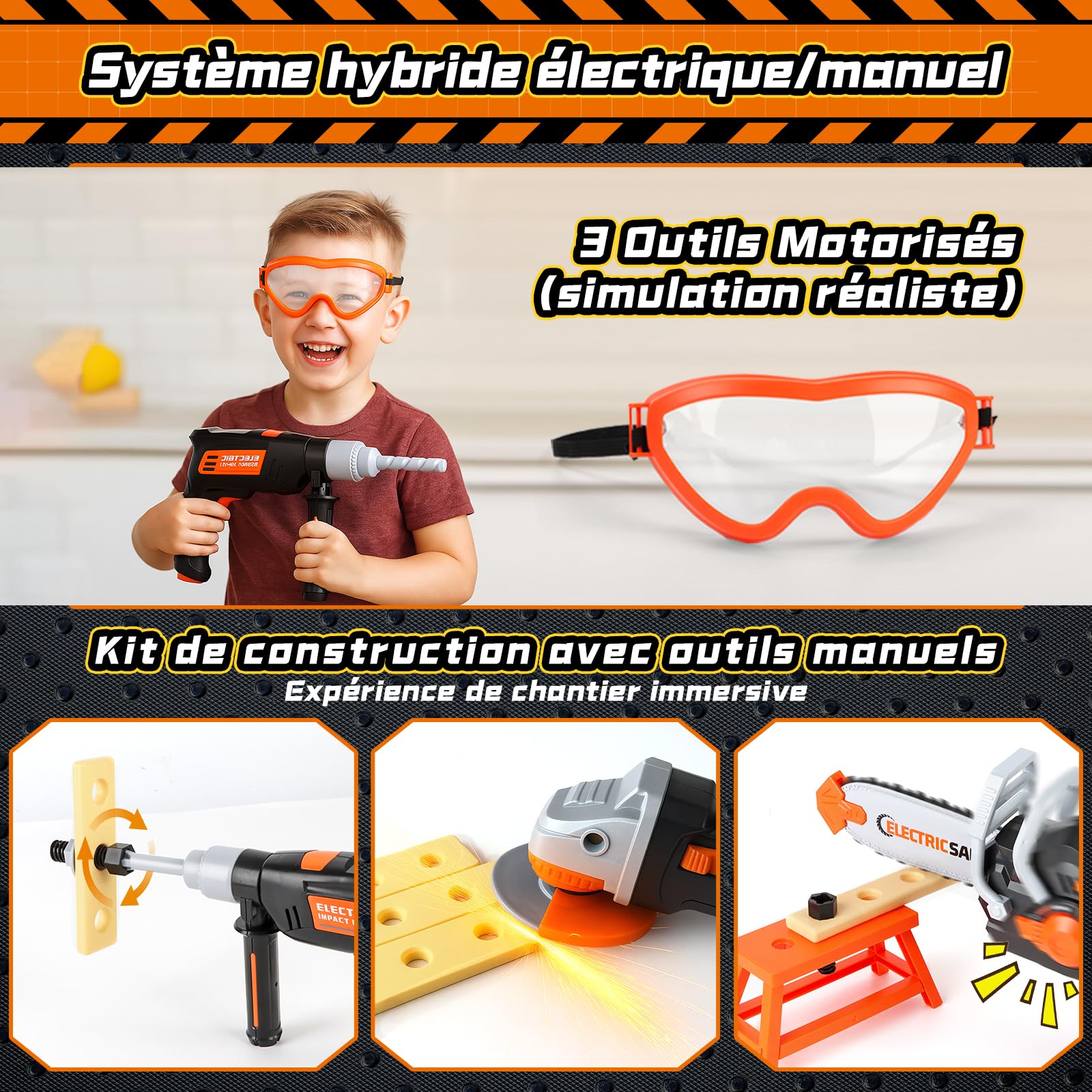 Charmofun Mallette à outils pour enfants avec tronçonneuse, perceuse électrique et meuleuse d'angle, jeu de rôle, jouet à partir de 3, 4, 5, 6, 7, 8 ans, garçons et filles (50 pièces)