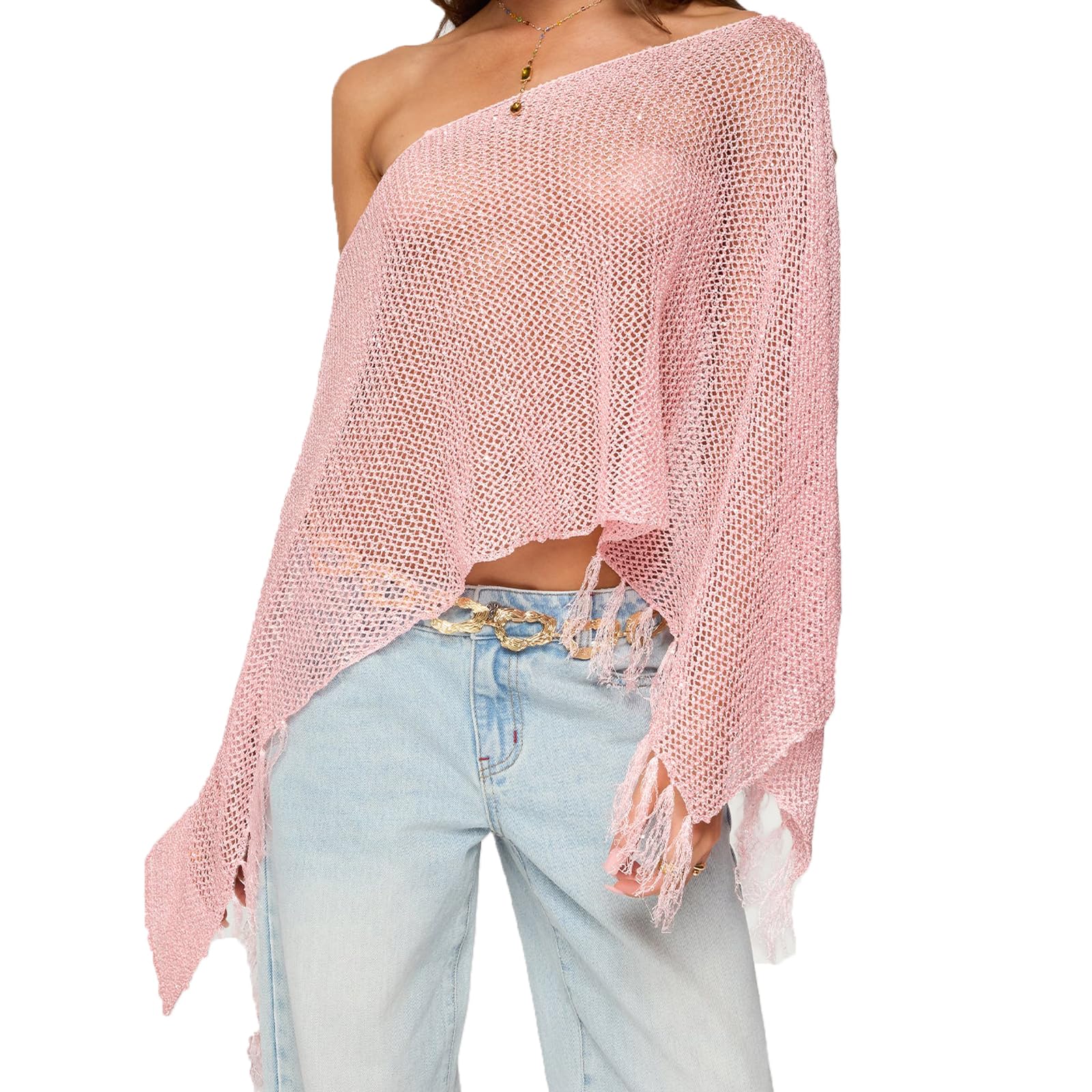 Women's Y2K Sheer Knit Poncho Top Lightweight Summer Beach Knitted Shrug Scarf Bolero Shoulderless Mesh Pullover Cover Up-image-14