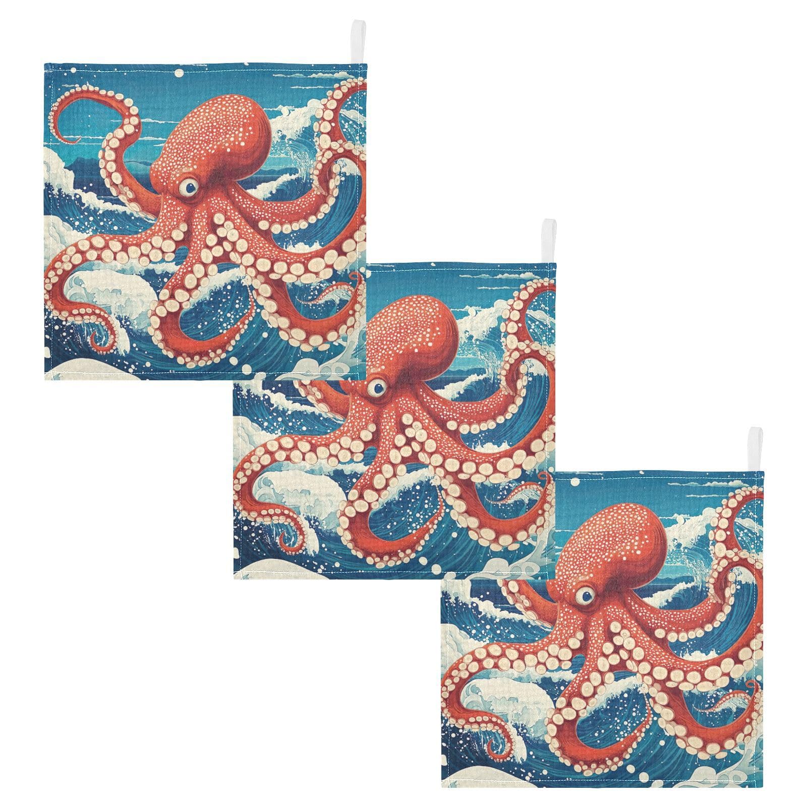 Nander Octopus on The Waves Baby Muslin Washcloths 3PCS- Soft Face Cloths for Newborn Absorbent Bath Wash Cloths