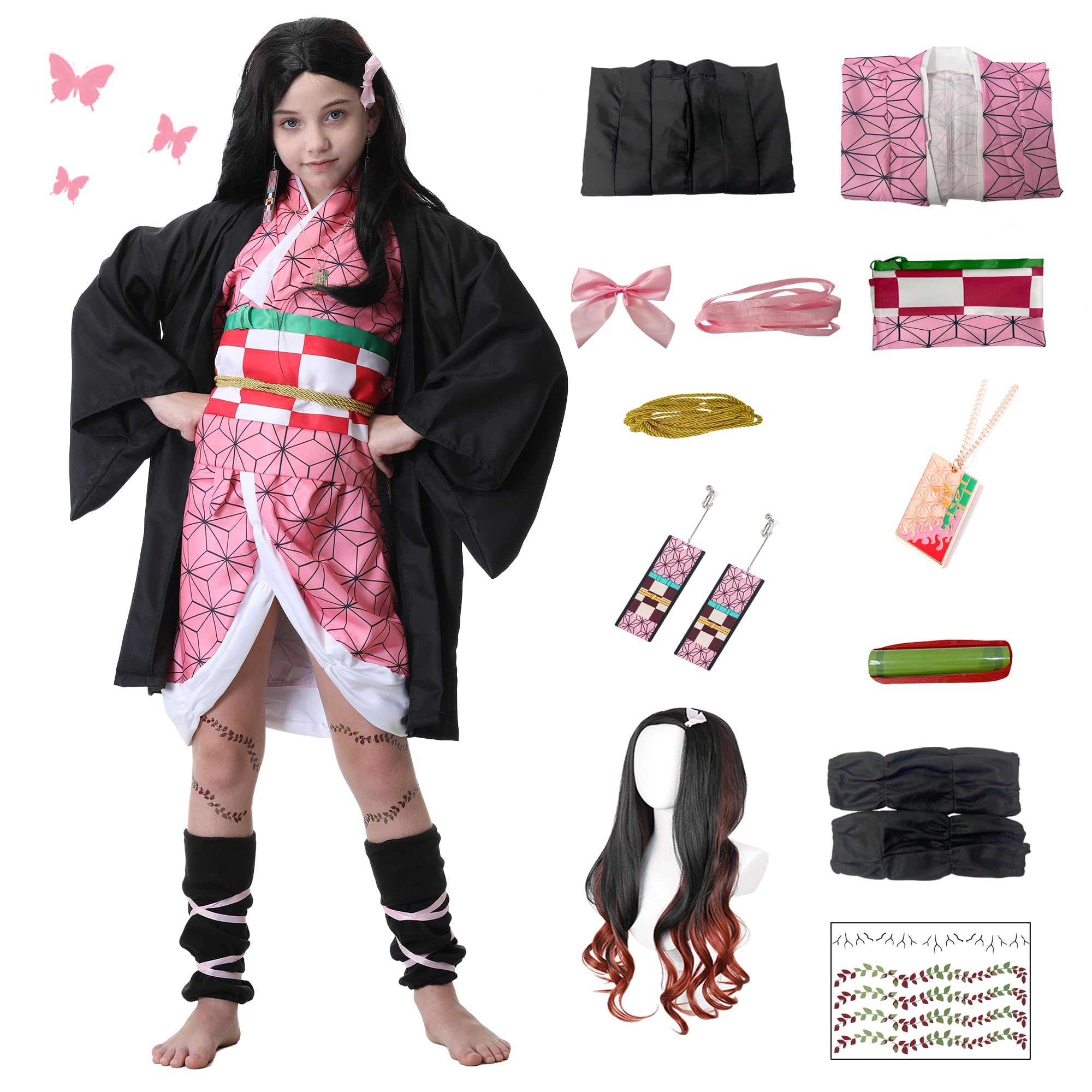 YecoSuit 12PCS Pink Kimono Costume for Women and Girls Cosplay Set for Halloween Party Cloak Outfit Dress with Wig (Pink, 150)