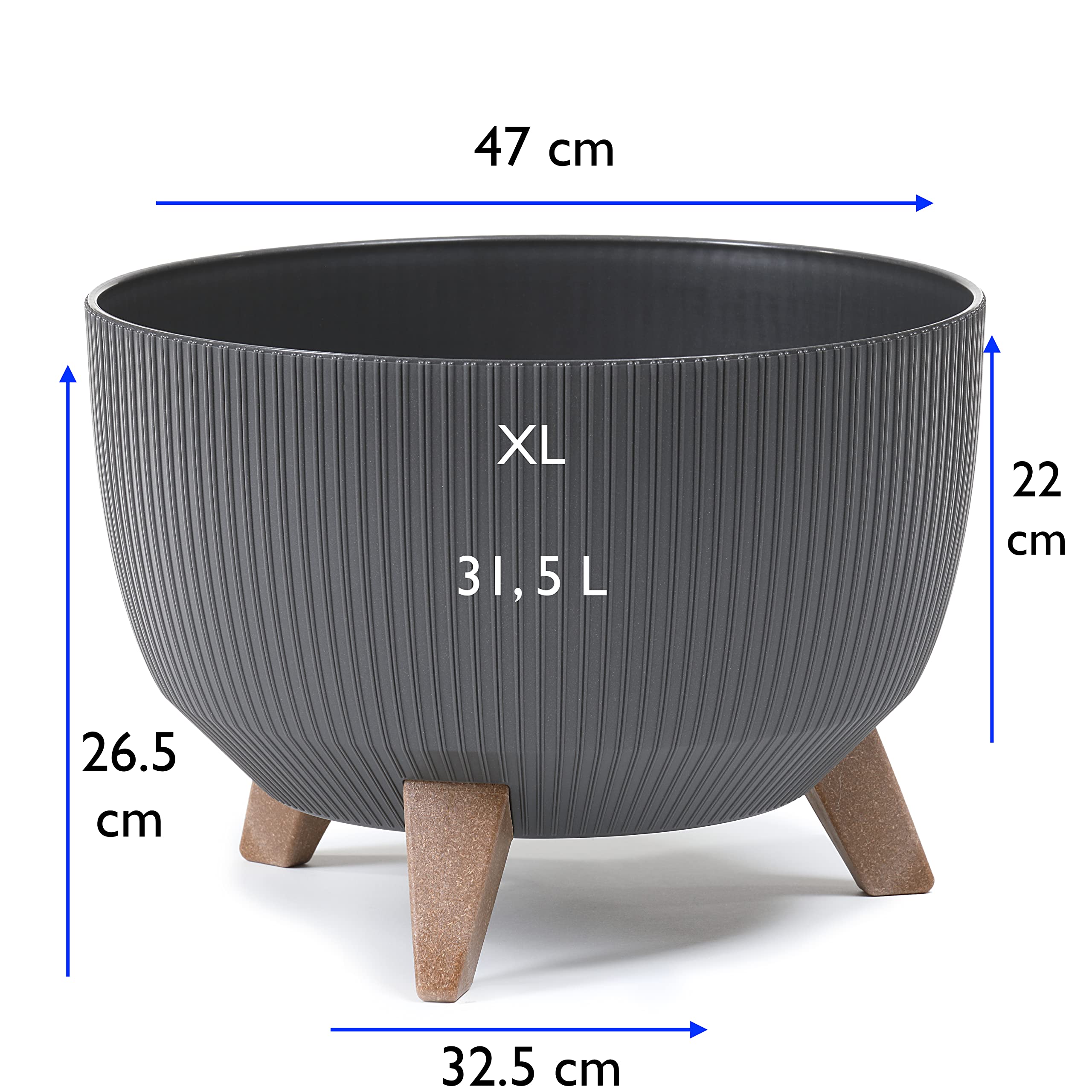 MELTOM Blumentopf Schale mit Füßen Einsatz Kräutertopf Übertopf Pflanzschale Eco Recycled Anthrazit XL 47 cm