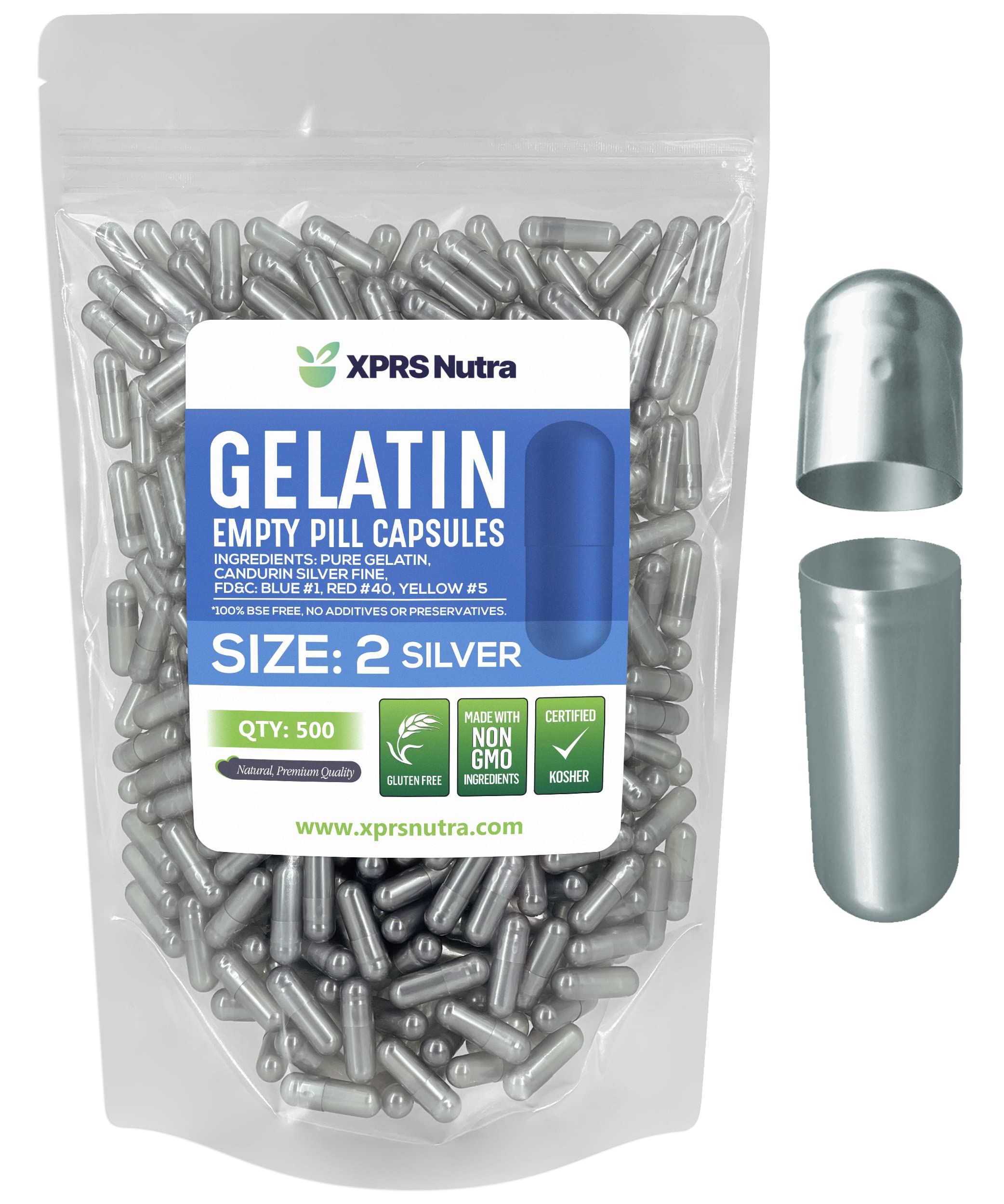 XPRS Nutra Size 2 Empty Capsules - 500 Count Empty Gelatin Capsules - Pills DIY Capsule Filling - Pure Bovine Pill Gel Caps for Do-It-Yourself Supplements (Silver) 500 Count (Pack of 1) Silver