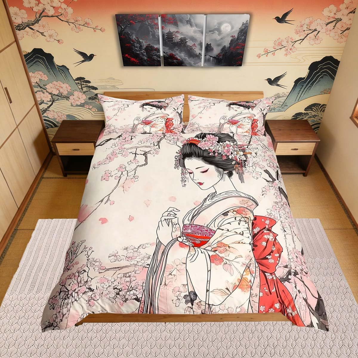 Homemissing Kids Japanese Geisha Bedding Set Single Size Boys Girls Cherry Blossoms Duvet Cover Set Japanese Style Duvet Cover with 1 Pillowcase Tradition Aesthetic Bed Sets โ image 1