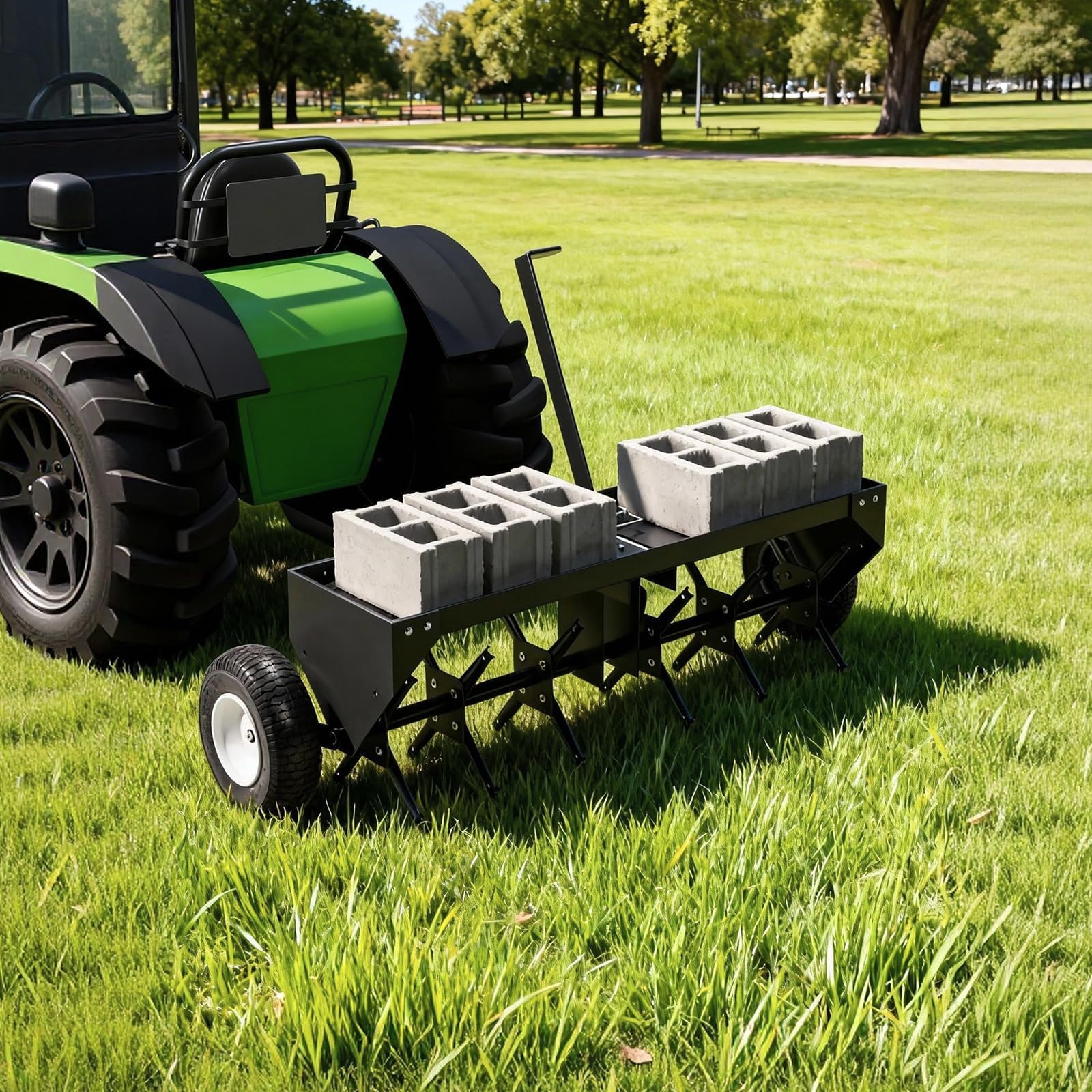 48" tow behind lawn plug aerator with gloves for lawn tractor & atv, steel tines & 100 lb weight tray, universal hitch with inflatable wheels, effective soil aeration for lawn, garden, farm, black