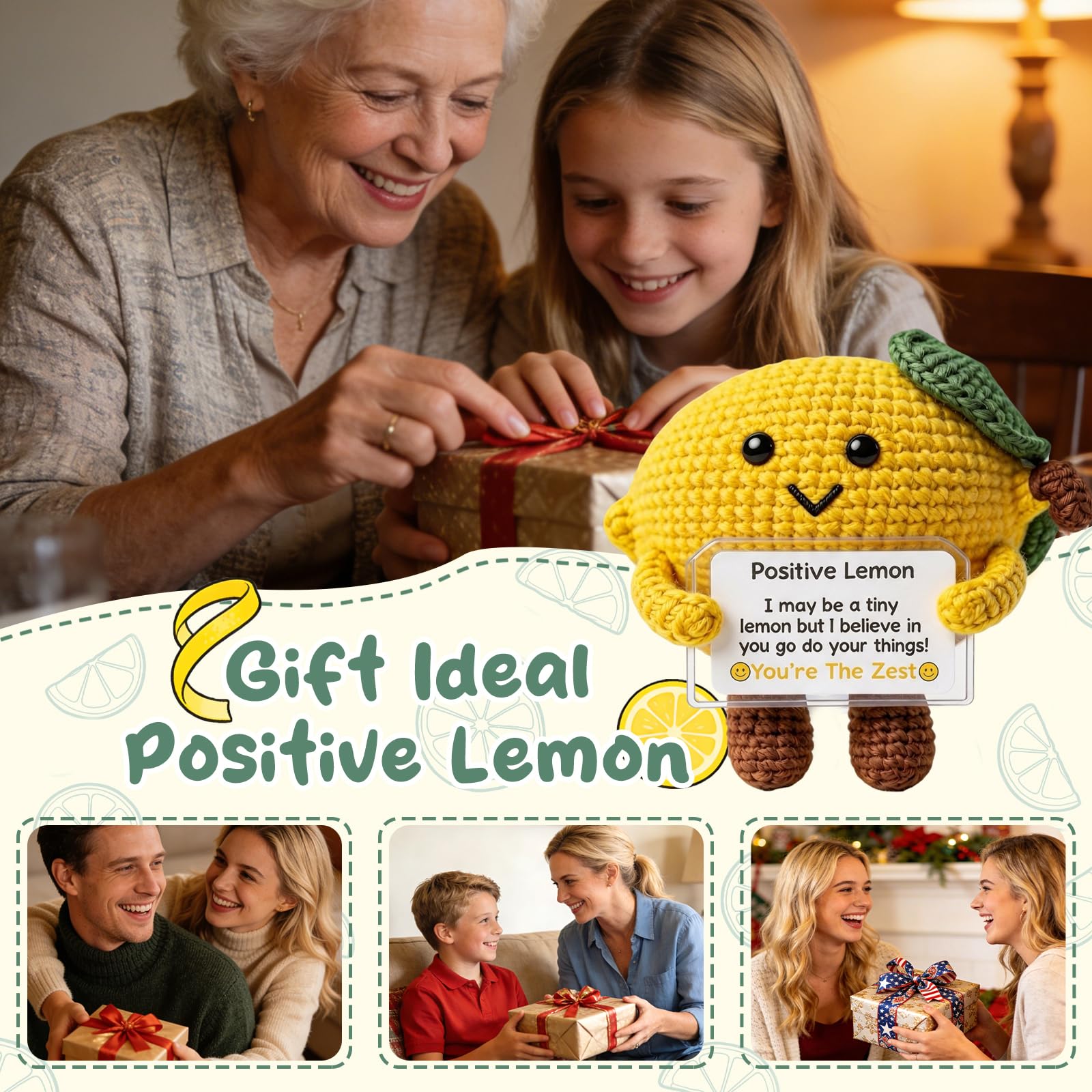Emotional Support Crochet Positive Lemon Inspirational Cheer Up Gifts for Women, Handmade Positive Lemon Gift Birthday Thank You Christmas Teacher Appreciation Gifts for Coworker Mom Friends