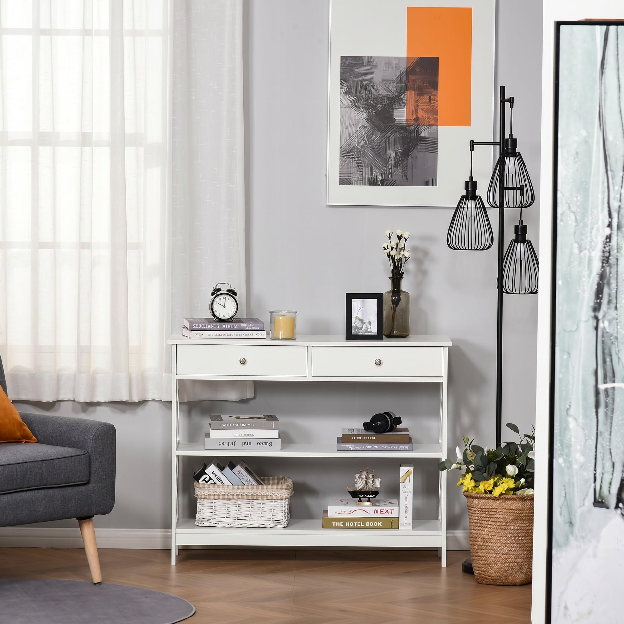 HOMCOM Table de Console Néo-Rétro 2 Tiroirs 100L x 30.5l x 80H cm Blanc