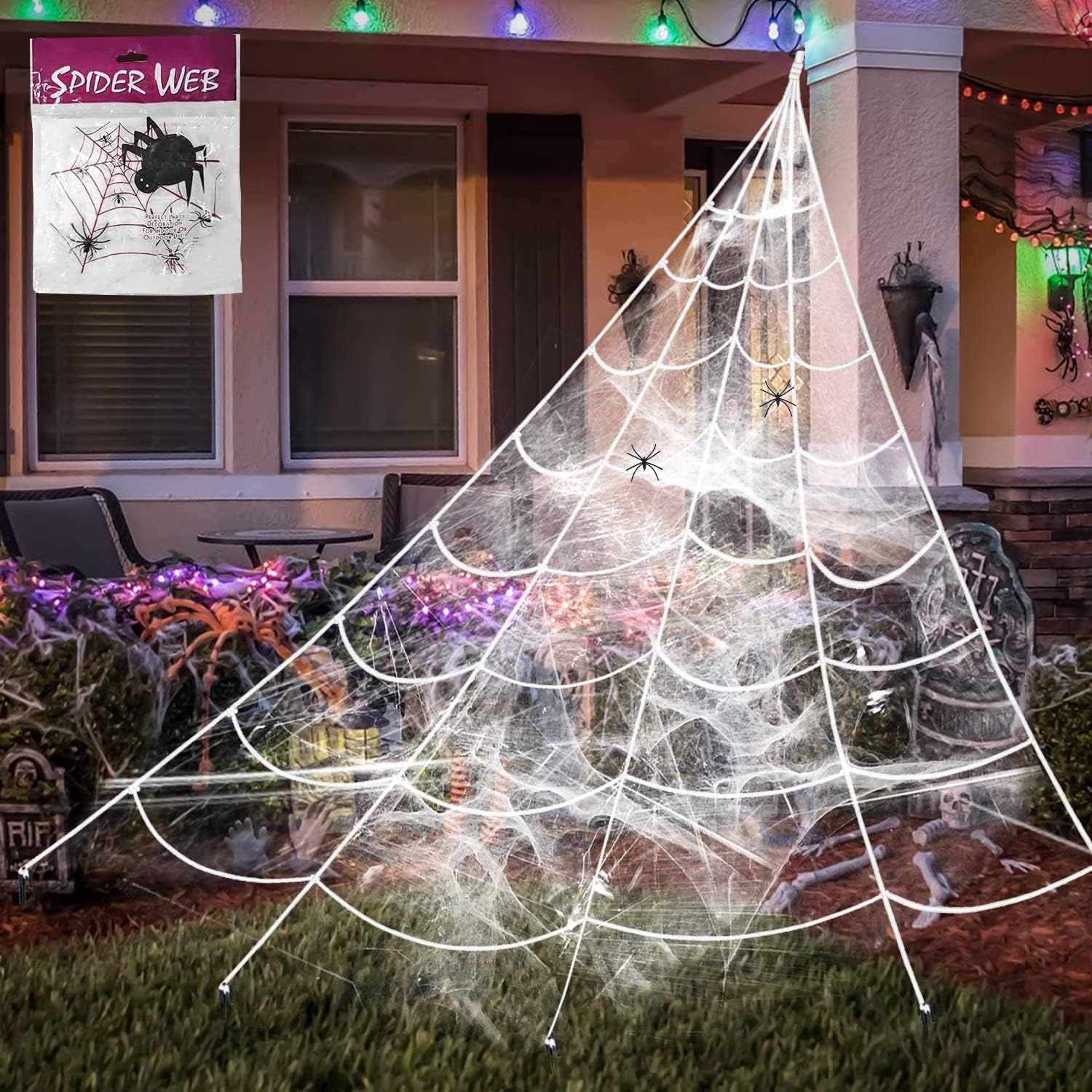 GEJRIO Halloween Decorations, Giant Spider Web with 100g Super Stretch Cobweb Set, Outdoor Yard Spooky Decor, 16 feet, White