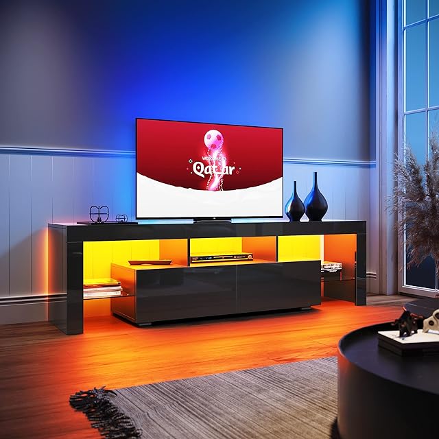 ELEGANT LED TV Unit 1600mm Black Gloss Modern TV Stand Cabinet with Ambient Lights for 32 40 43 50 52 55 60 65 inch 4k TV Living Room and Bedroom Furniture with Storages and Shelves