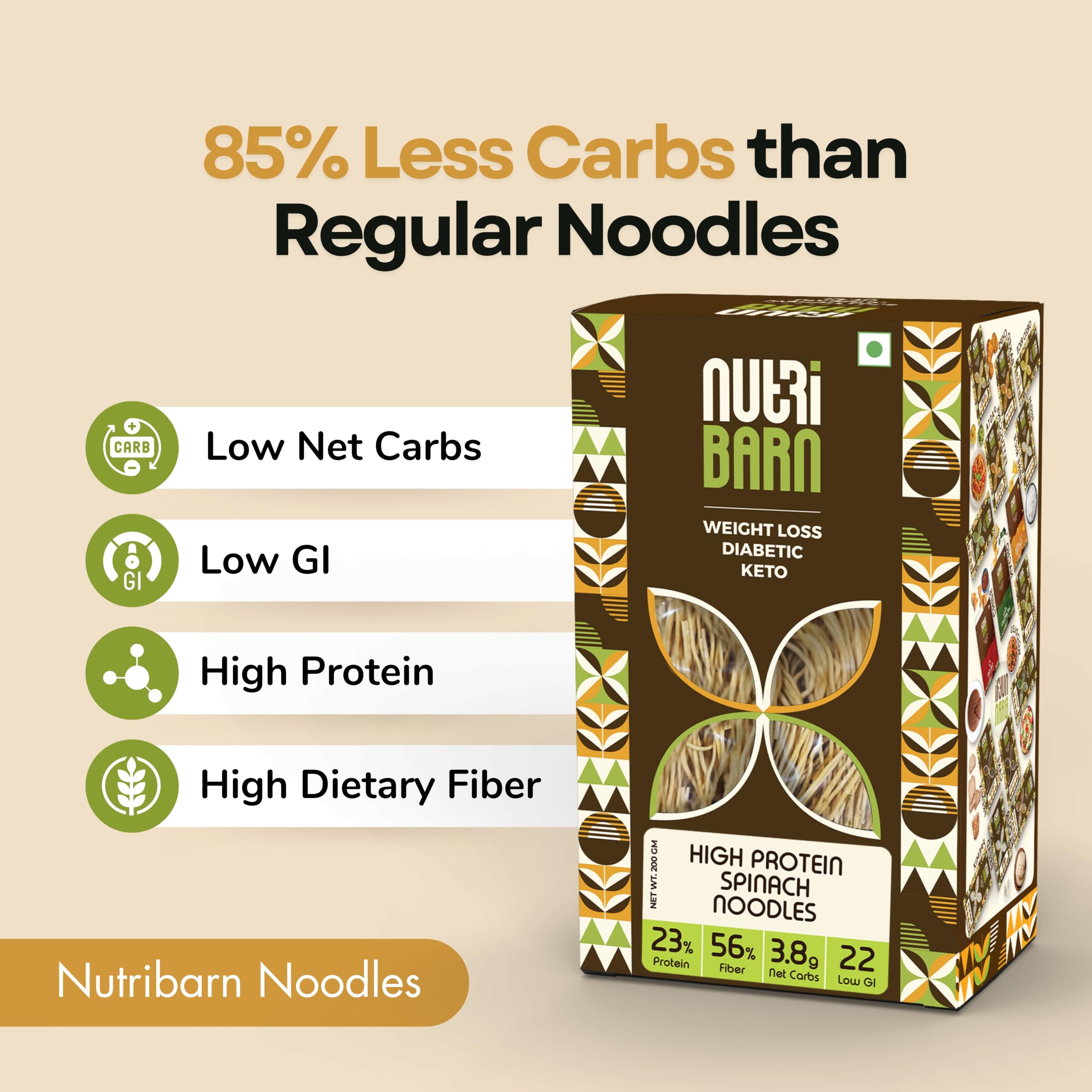 Nutribarn Keto Spinach Noodles Spaghetti, 200 Gms, 1 Pack, 3.5g Net Carb & 16g High Protein/Serv, Identical to Regular Noodles, Ultra Low Carb, Pre-Biotic High Fibre, For Keto Diet and Weight Loss 2