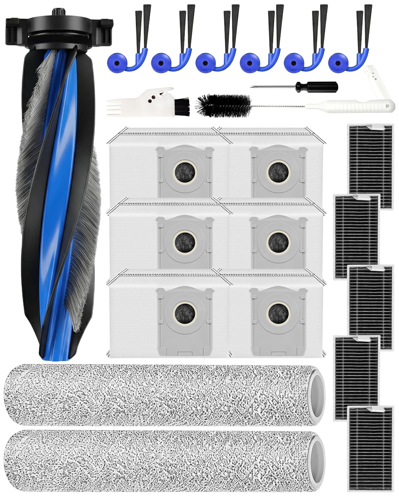 23 Stk. Zubehörsets für ECOVACS DEEBOT T90 OMNI/T90 PRO OMNI/X12 Pro Omni Saugroboter: 1 Hauptbürste, 3 Rollenwischer, 6 Seitenbürste, 5 HEPA-Filter, 6 Staubbeutel, 1 Wassertankbürste