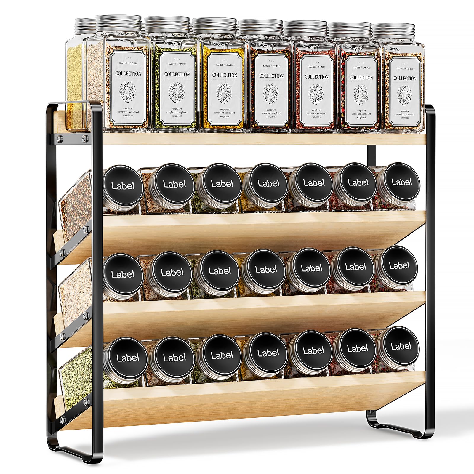 MUDEELA Spice Rack, 4 Tier Wooden Spice Organiser with Slanted Shelves for Countertop & Cupboard, Pantry, 34cm W x 28.4cm H x 11cm D, Black