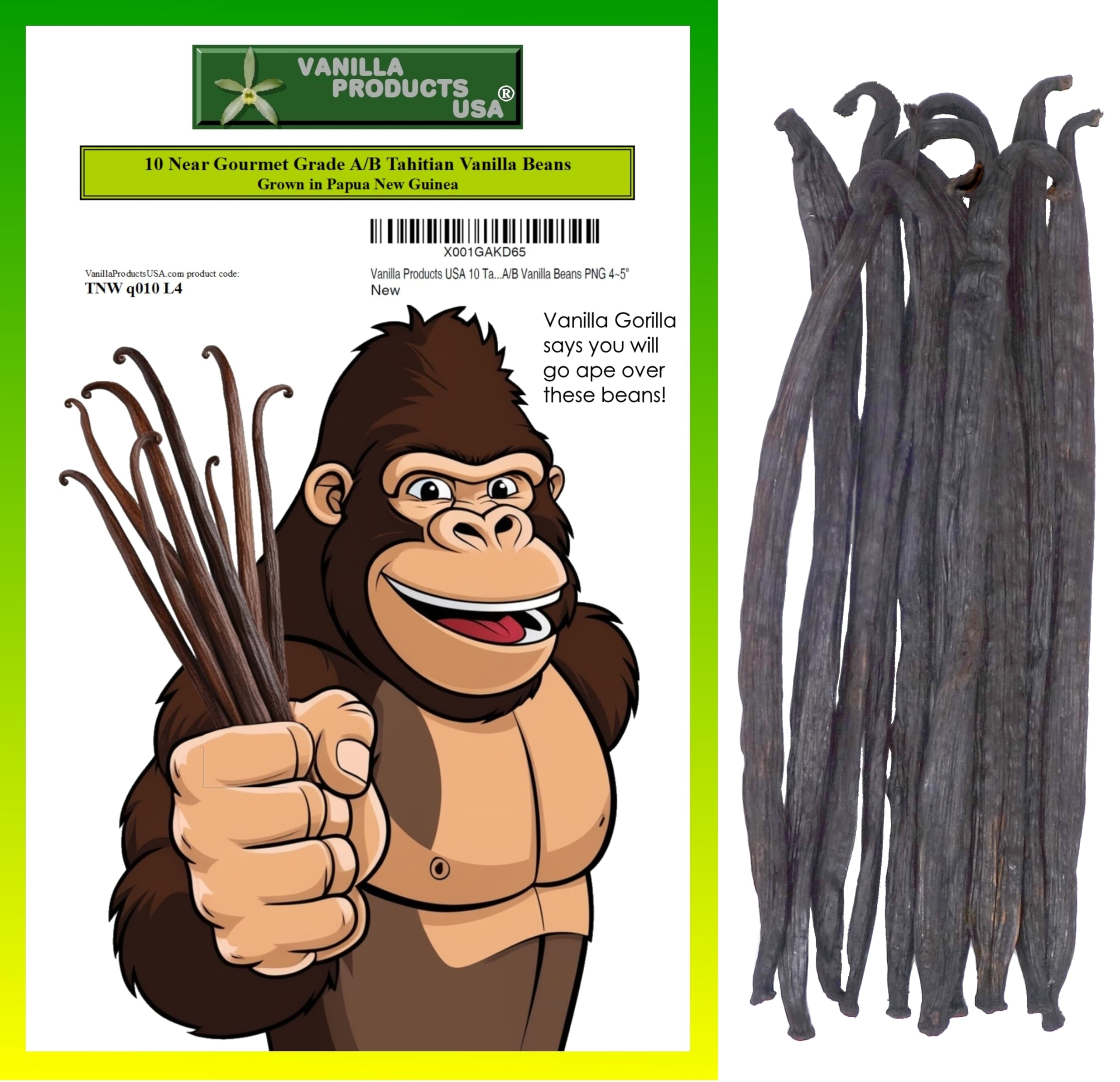 Vanilla Products USA 10 Tahitian Near Gourmet Grade A/B Vanilla Beans PNG 4~5"