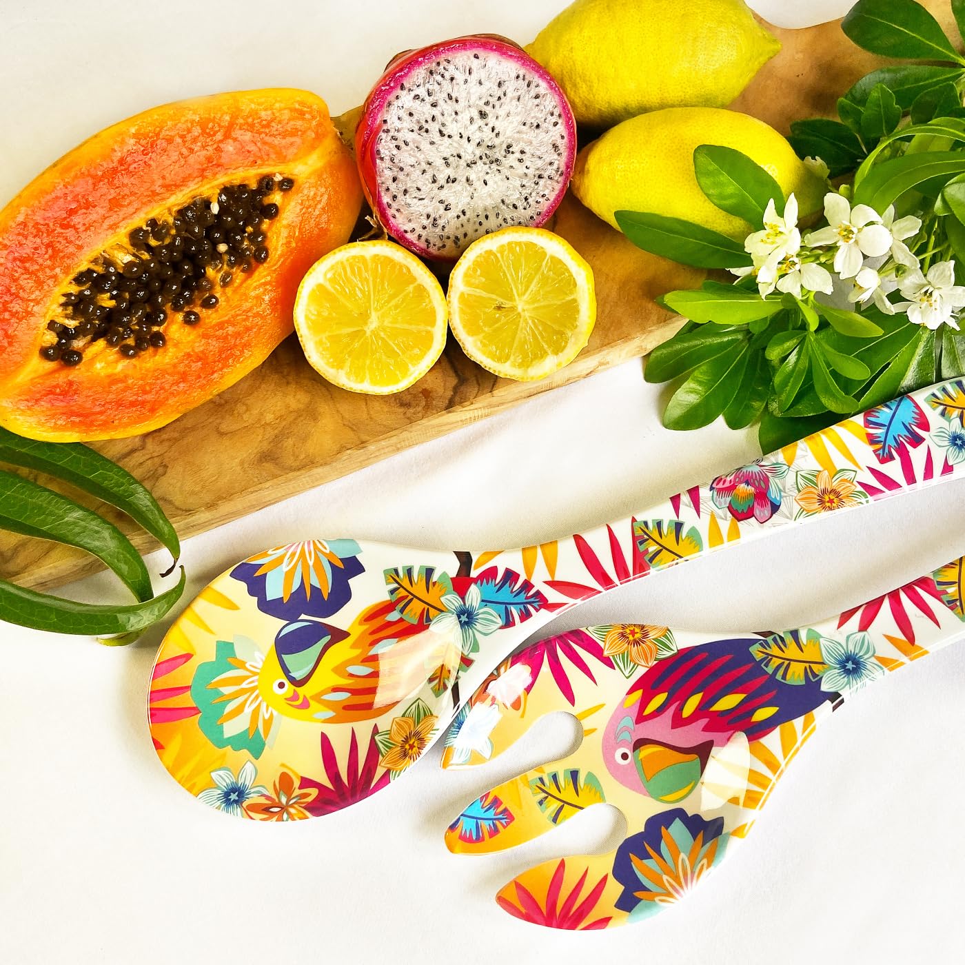 Les Jardins de la Comtesse - Couverts à salade en Mélamine - Perroquets de Bahia - 33 cm - Multicolore - Service de Table de la Vaisselle Quasi-Incassable MelARTmine