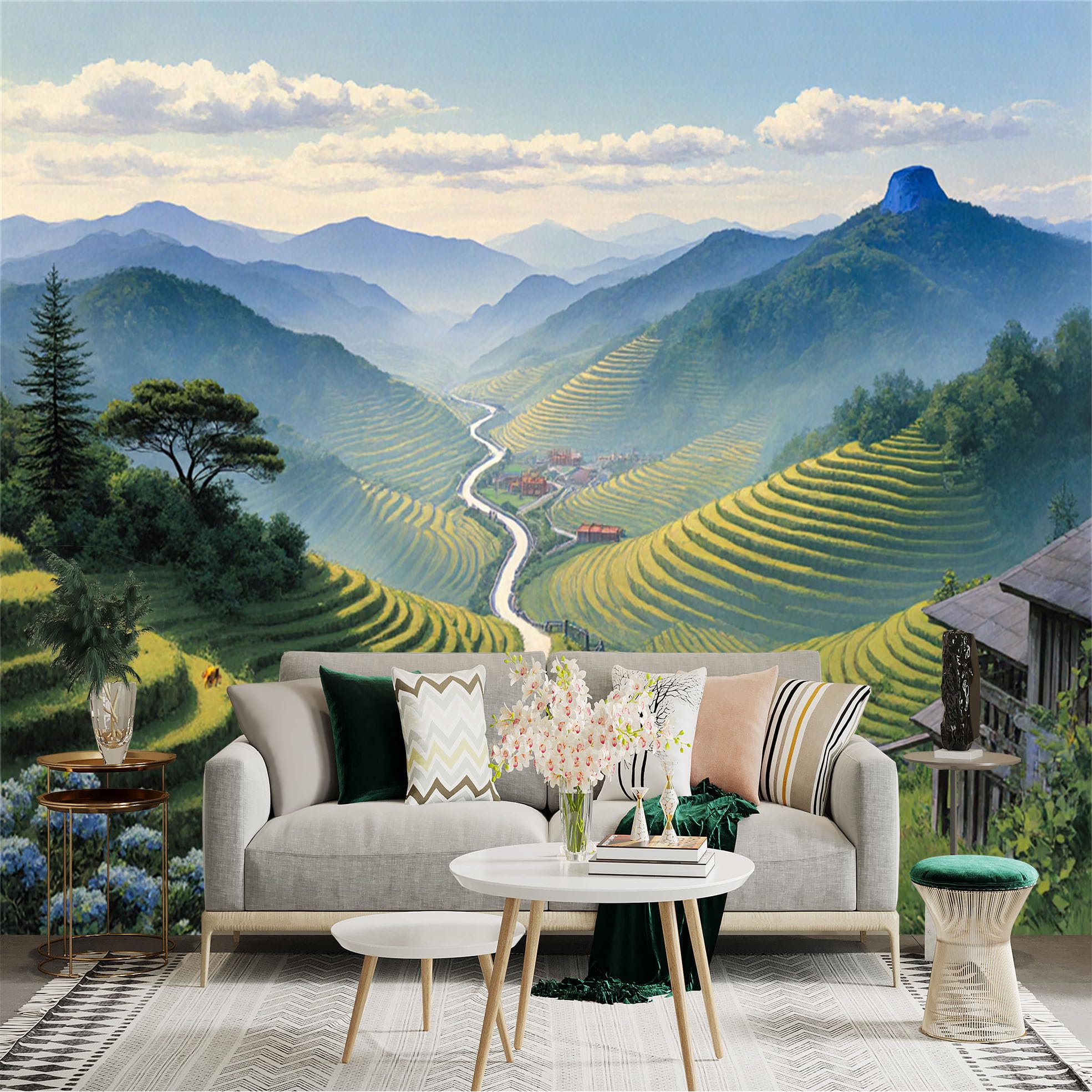 Lnzczhyre Xc260505226 Custom Size Wall Sticker Mural， Green Rice Terraces， Mountain Valley Landscape， Serene Rural Scenery， Countryside Path， For Wall Decoration， Peelandstick Wall Decals.