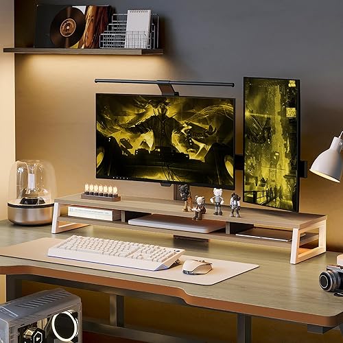 Miniatura 9 de Fenge Soporte de monitor doble para escritorio, elevador de monitor grande de 42.5 pulgadas para 2 monitores, estante superior de escritorio de