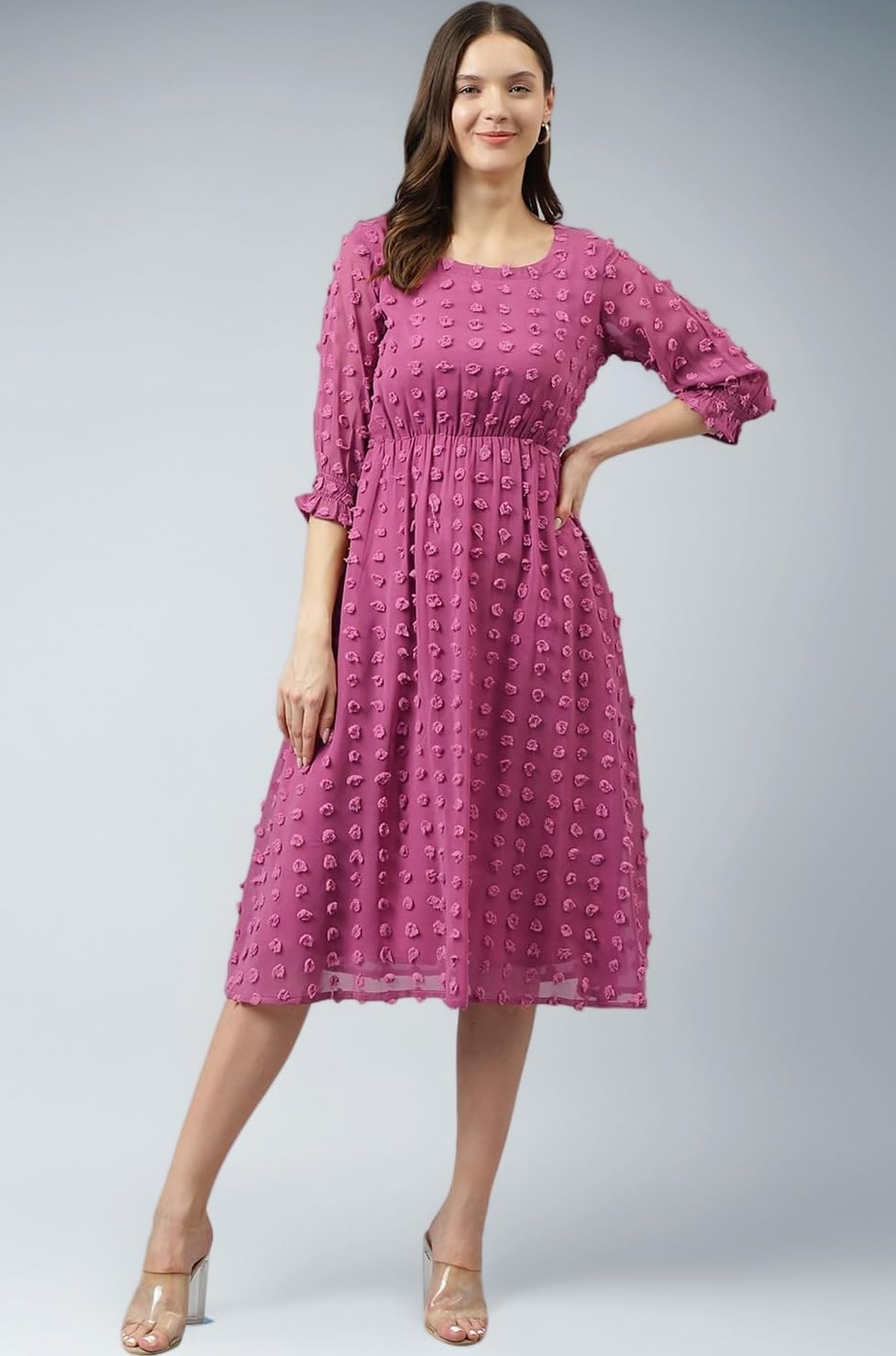 Women's Pink Dobby Georgette Woven Fit & Flared Western Dress | Dress for Women | A line Dress | Winter Dress | Western Dress | Latest Women Dress | Trendy Dress | Midi Dress