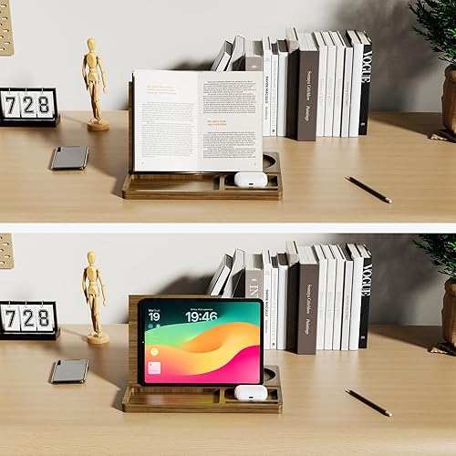 Miniatura 3 de NiHome Soporte de madera de bambú para libros con diseño triangular para apoyar libros en la columna vertebral, organizador multiusos con acabado