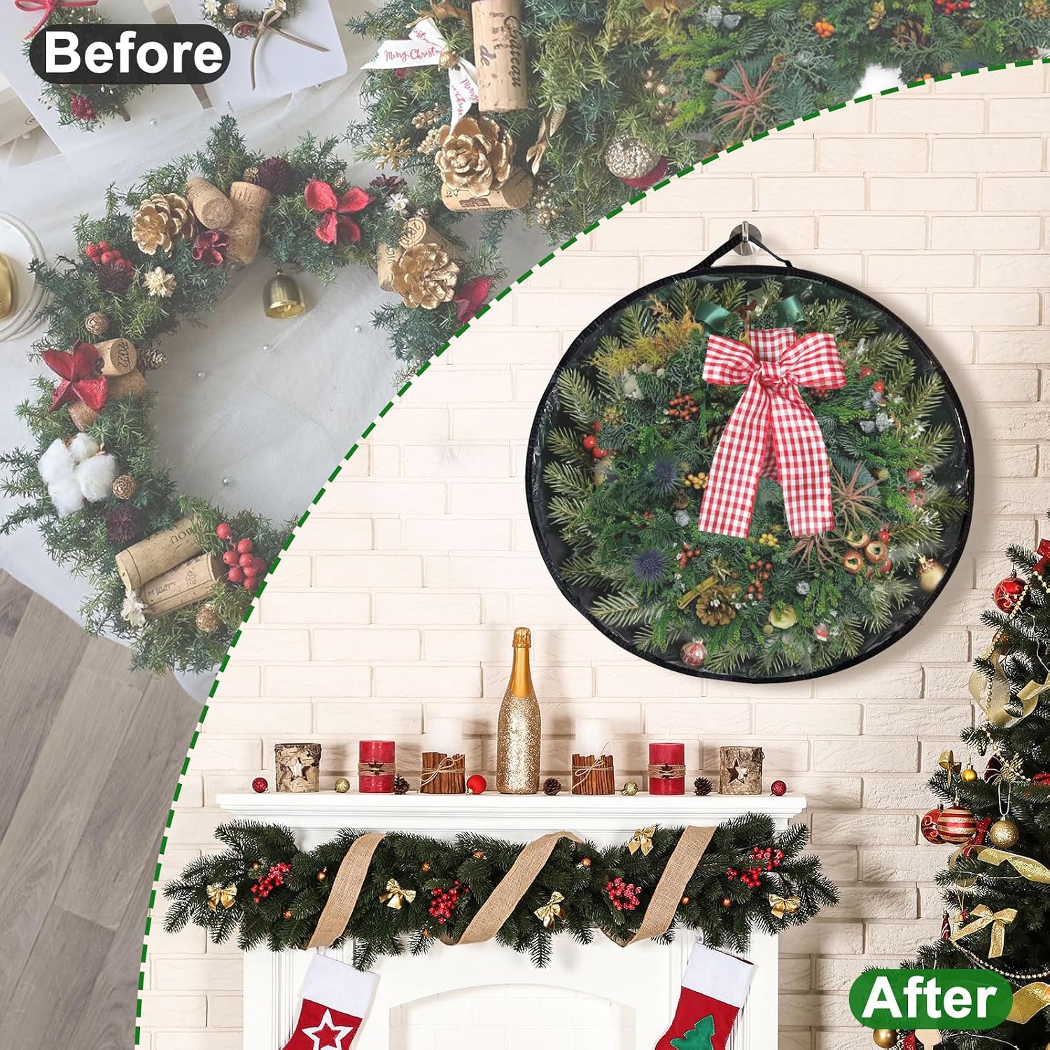 4 Pack 30x8Inch Christmas Wreath Storage Container, Large Clear Holiday Garland Storage Bags with Handle(Green)