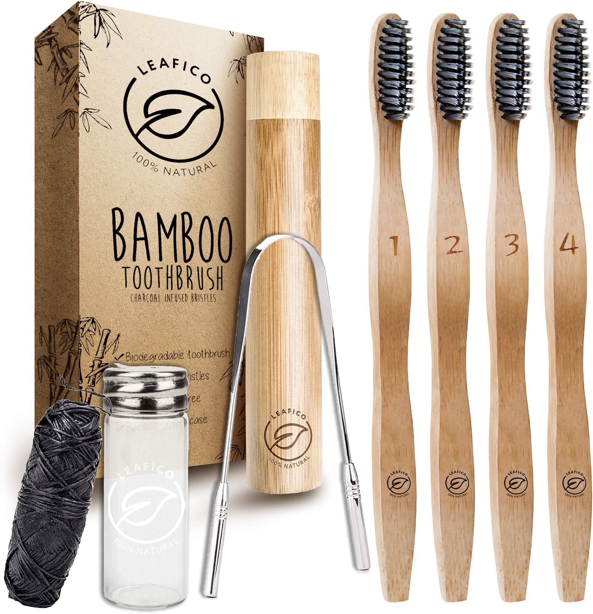 LEAFICO Bamboo Toothbrush with Travel Case - Dental Floss - Tongue Scraper - Premium Eco-Friendly Toothbrushes - Charcoal Infused Soft Bristles for Natural Whitening - BPA Free - Vegan Zero Waste Gift