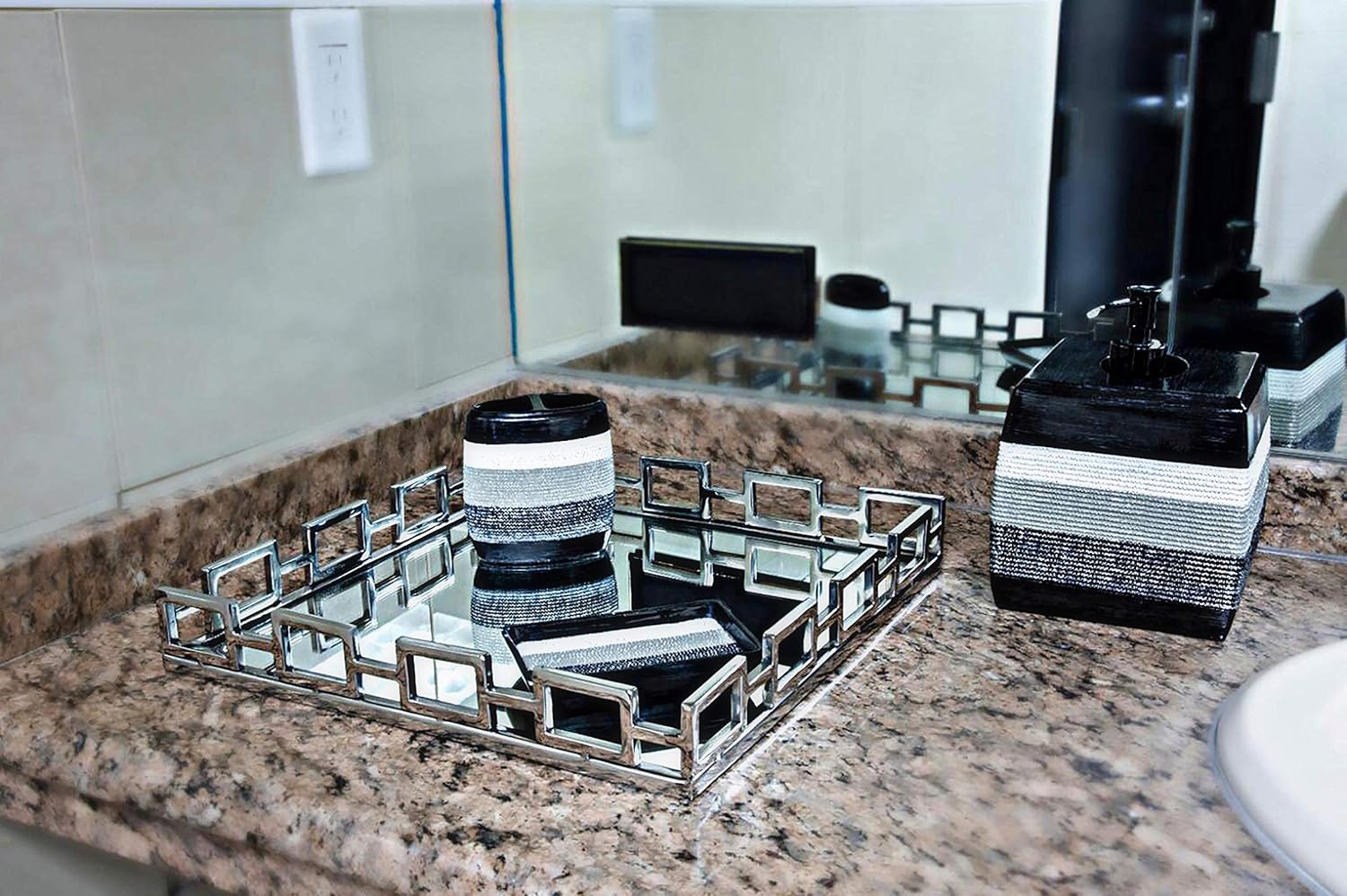 One-Day Sale: Up to 40% Off Le'raze Elegant Mirrored Vanity Tray, Decorative Tray with Square Loop Bars for Display, Perfume, Vanity, Dresser and Bathroom, 14 Inch Glass Tray