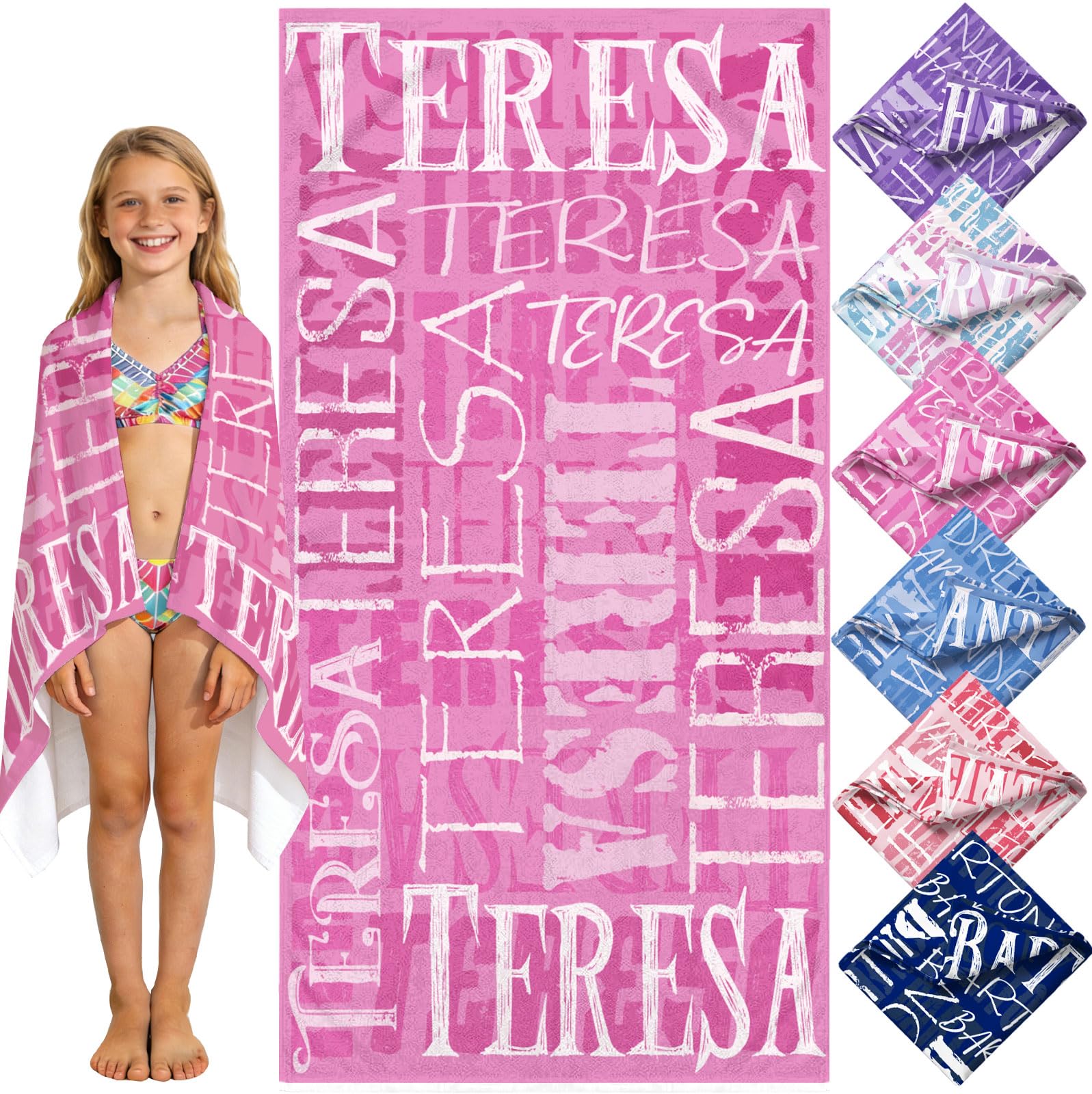 Yoke Style Personalized Beach Towels for Kids, Custom Sand Free Microfiber Beach Towel with Your Name, Customized Quick Dry Pool Towels Easter Gifts