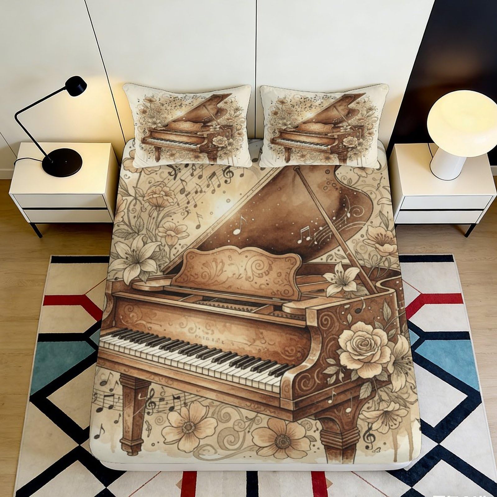 3D Printed Vintage Piano Fitted Sheet Microfiber Soft Music Note Bed Cover for Bedroom Guest Room Decor 90x200x25cm