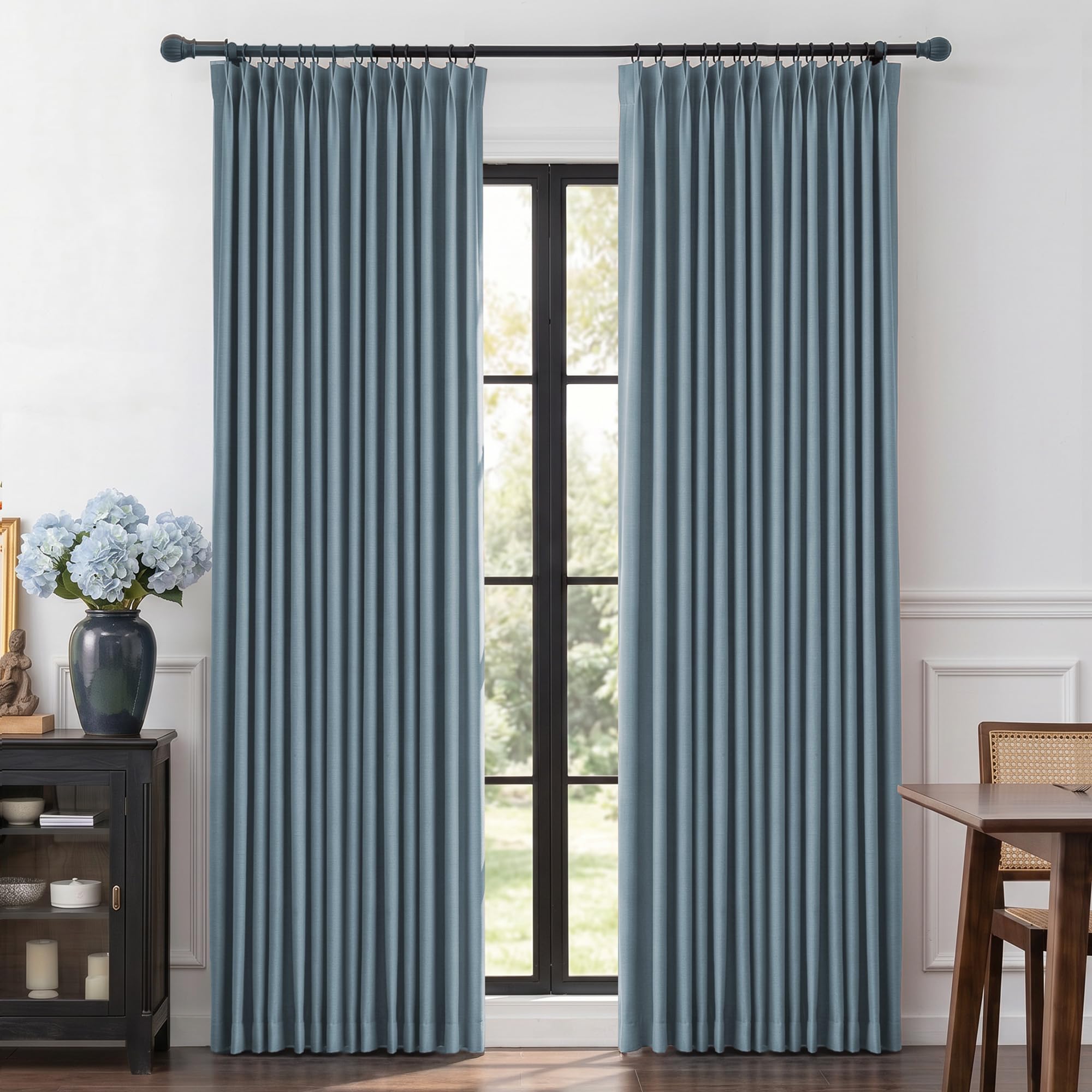 MYSKY HOME Dusty Blue Linen Pinch Pleated 100% Blackout Curtains,2 Panels