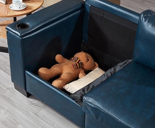 Miniatura 6 de Sofá de cuero azul de 67.7 pulgadas con portavasos, moderno y cómodo sofá de dos plazas tapizado de mediados de siglo con reposabrazos de