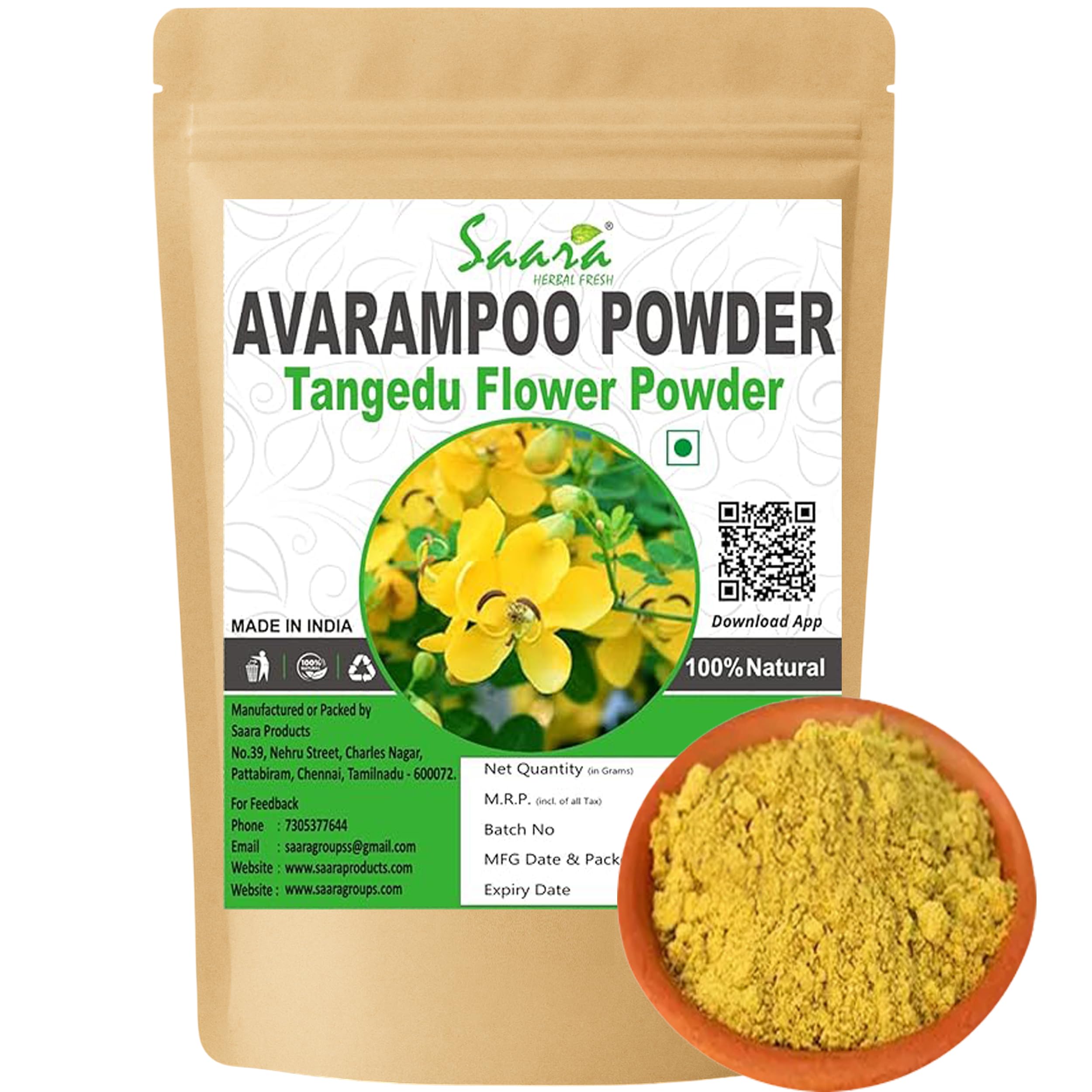 Saara HERBAL FRESH Avarampoo Powder,50G,Tangedu Flower,Tarwar,Avaram Senna,Senna Auriculata,For Skin Dieases&Body Odour,(Pack Of 1 X 50G),50 pounds