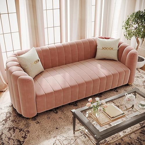 Miniatura 4 de KEAI - Sofá de terciopelo de 83.46 pulgadas para sala de estar, sofá grande y moderno con patas de esfera de metal dorado, tapizado para oficina,