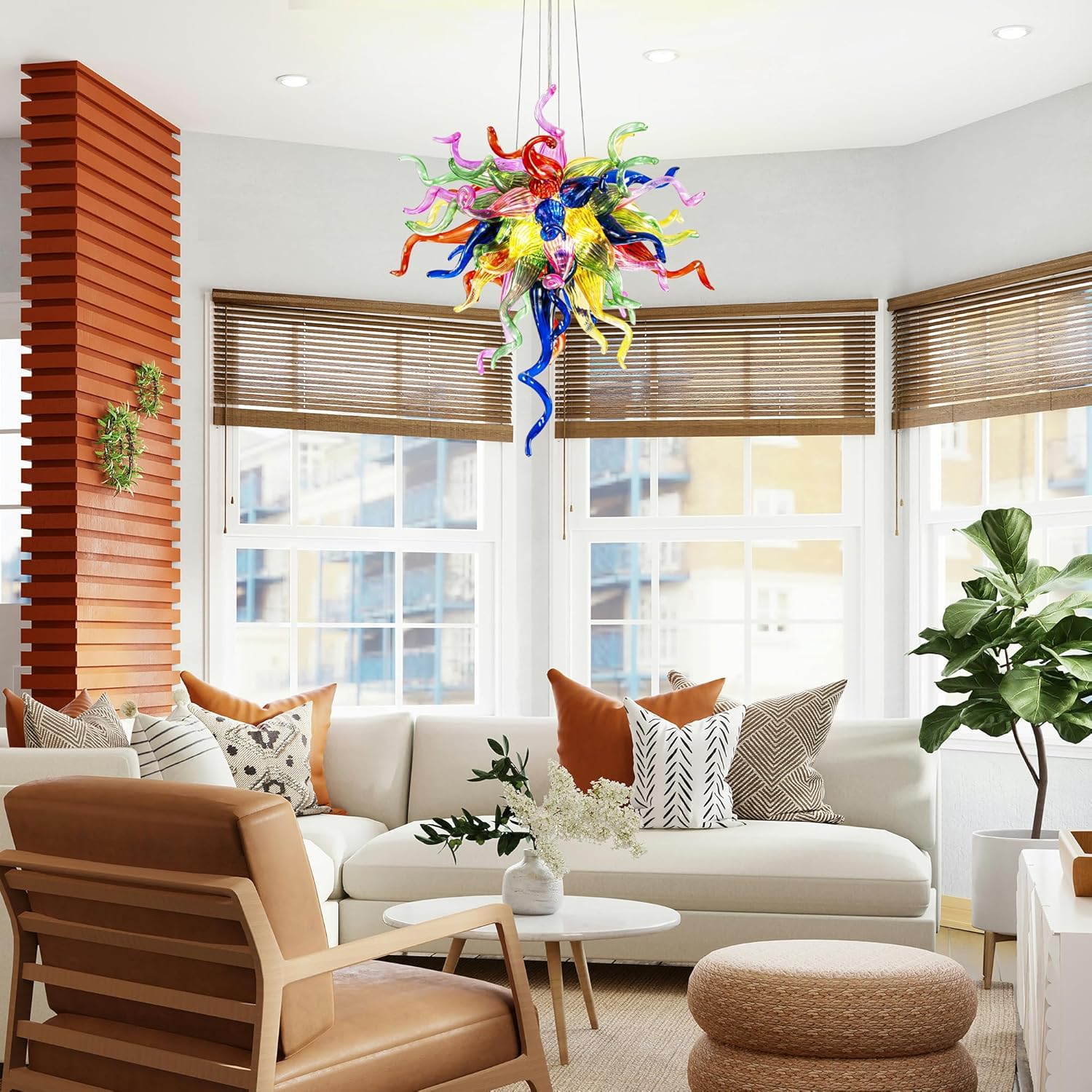 20 Inch Hand Blown Glass Chandeliers,Blown Glass Art Deco Chandelier,Beautiful Hanging Unique Colored Ocean LED Ceiling Light Fixture for Dining Room, Living Room, Hallway,Bedroom