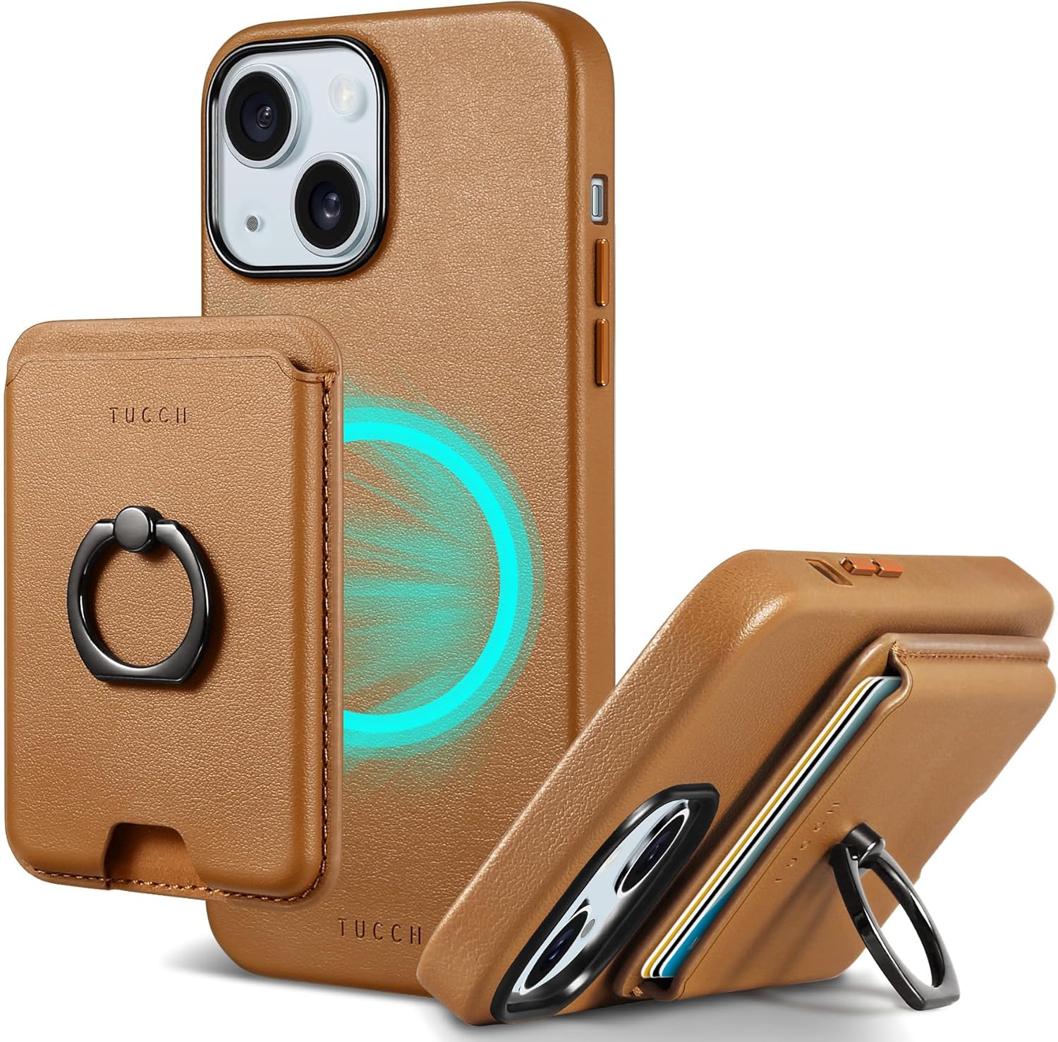TUCCH Case for iPhone 15 with Removable Card Wallet, [Magnetic Wireless Charging] RFID Blocking Finger Ring Grip Stand, PU Leather Protective Slim Back Cover Compatible with iPhone 15 6.1", Brown