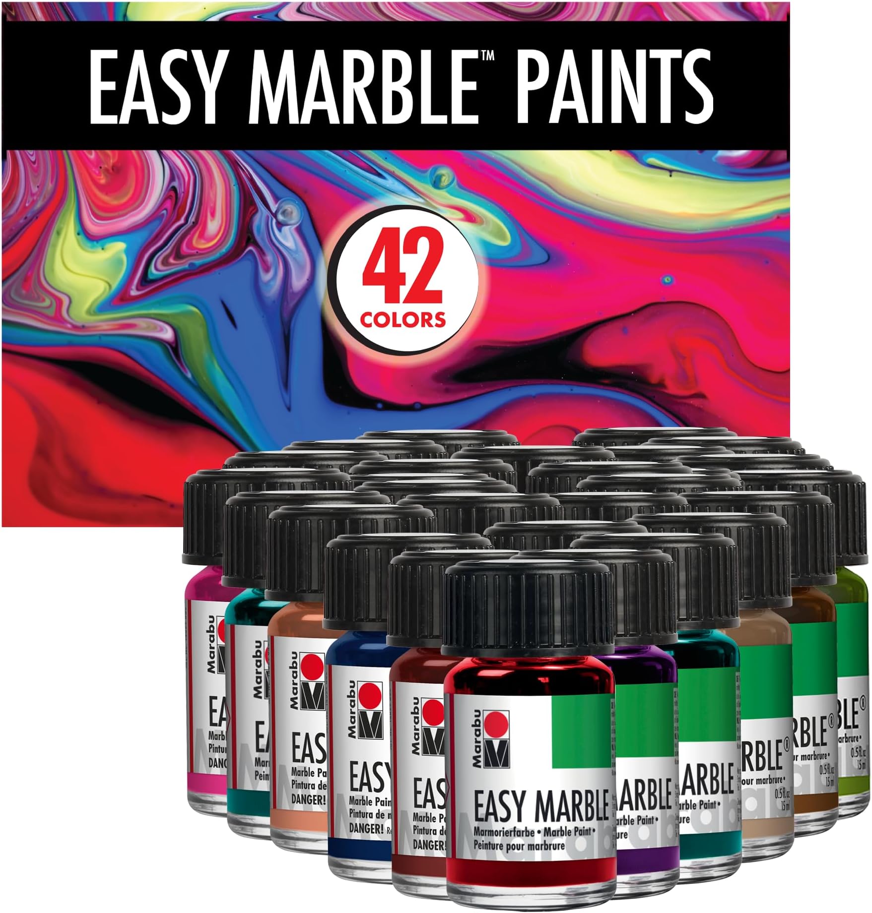Marabu Easy Marble Paint Set – 42 Colors Including Metallic and Shimmer – Solvent-Based Hydro Dipping Paint for Paper, Glass, Plastic, Wood, and More – 15ml (0.5 fl. oz) Bottles