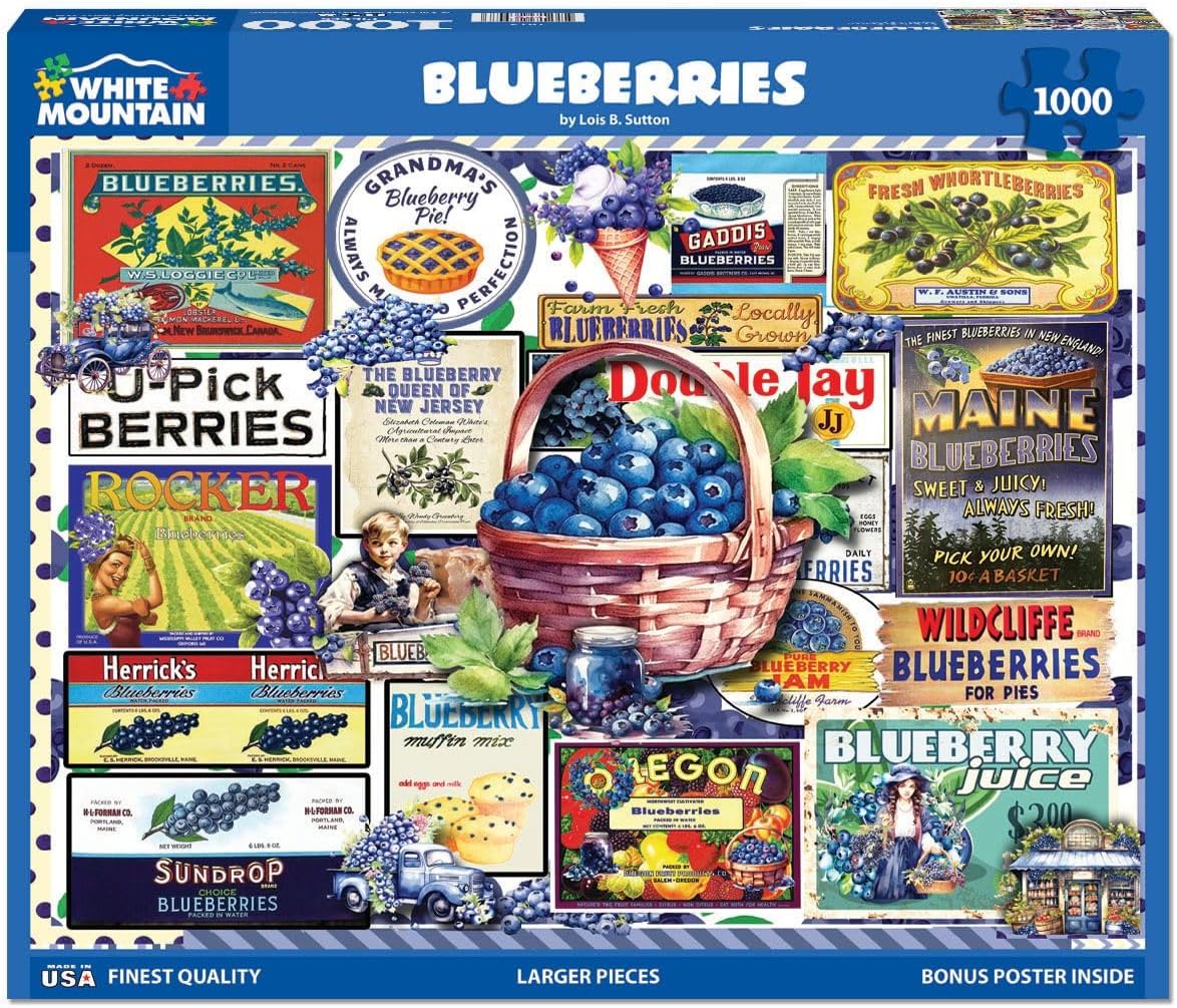 White Mountain 1000 Piece Jigsaw Puzzle Vintage Blueberry Label Collage Puzzles with Large Pieces for Adults and Family 24"x30" - Blueberries
